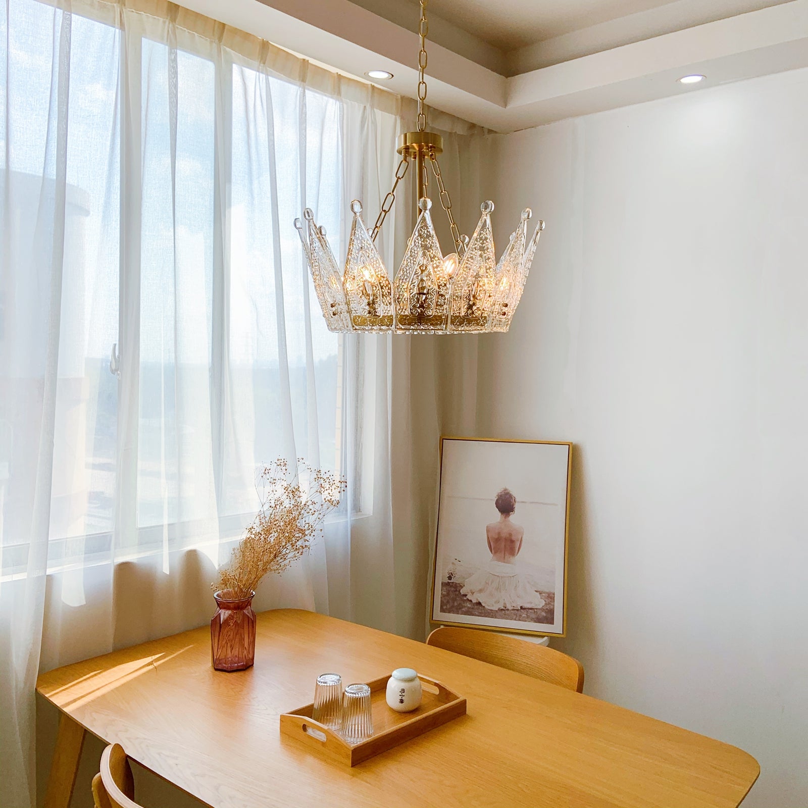 Short Crown Chandelier 6-Light Above Dining Table - Low Ceiling Brass Pendant Lighting Breakfast Nook