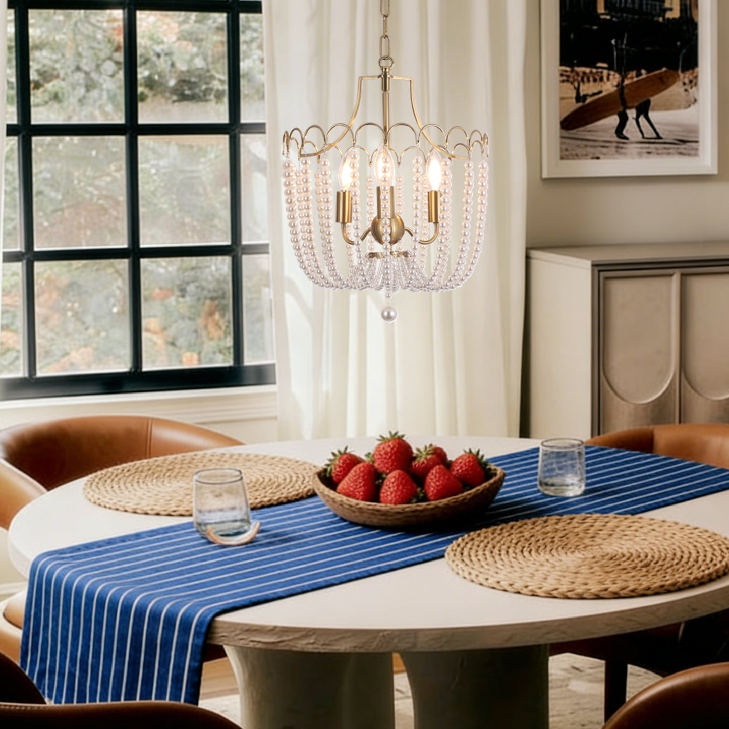 Compact pearl chandelier with gold finish ideal for breakfast nook and small dining table