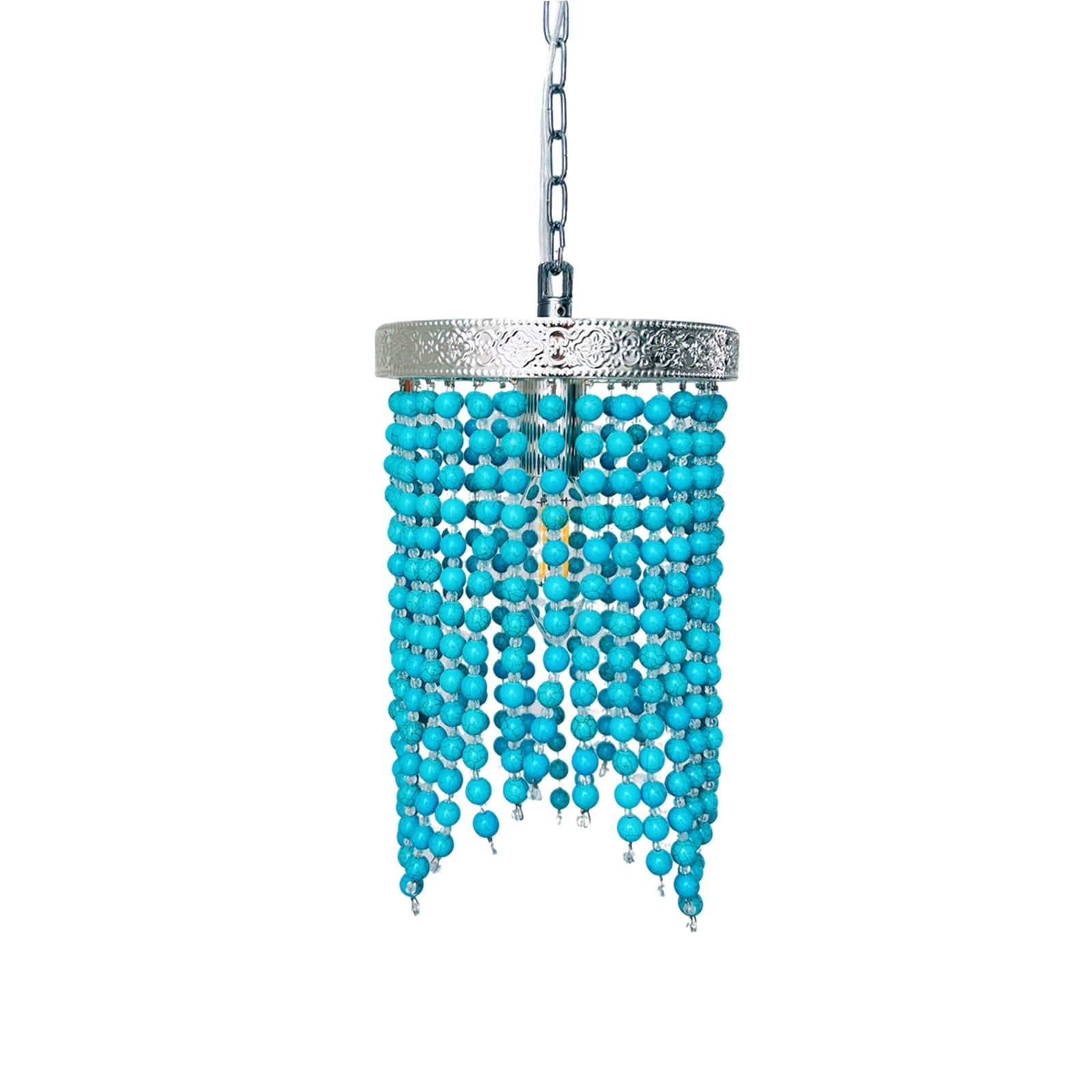 Turquoise beaded chandelier with silver base