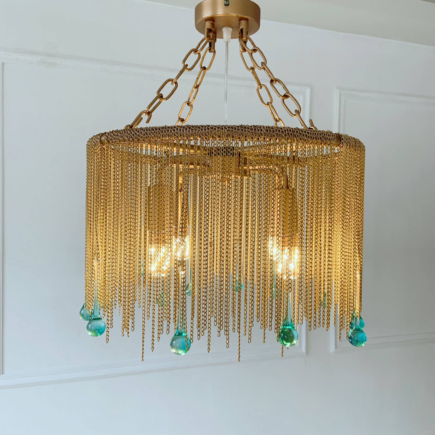 4 light vintage glass drop chandelier brass crystal dining room pendant light 15.7 inch