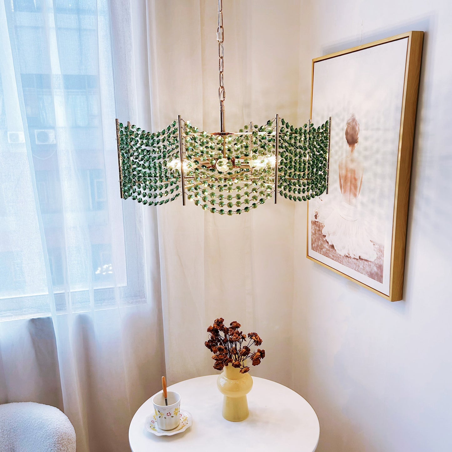 Green Crystal Chandelier 8-Light Gold 24" - Modern Coastal Pendant for Dining Room & Living Room