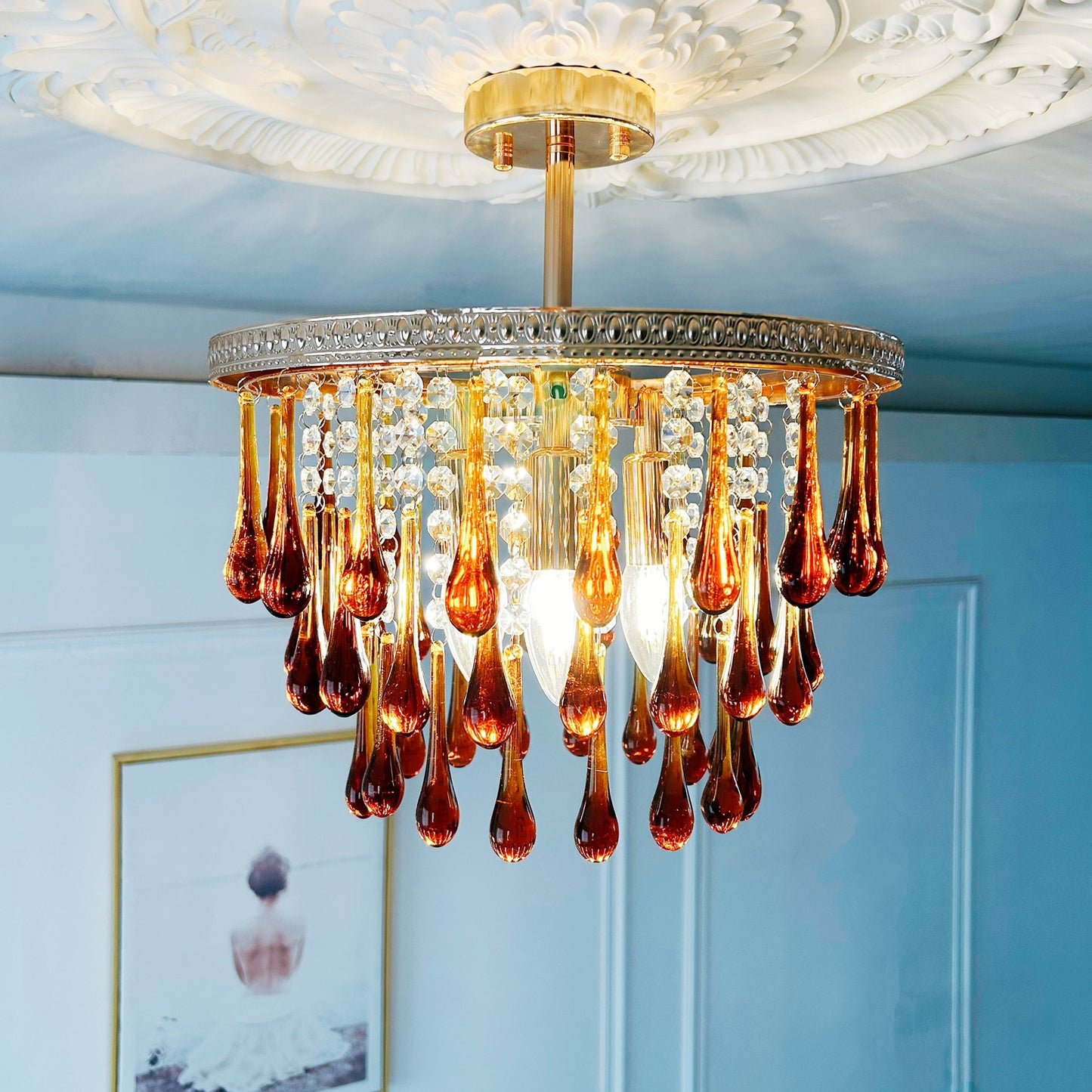 Amber crystal chandelier 4-light compact - vintage Art Deco bedroom lighting 13.8 inch French gold