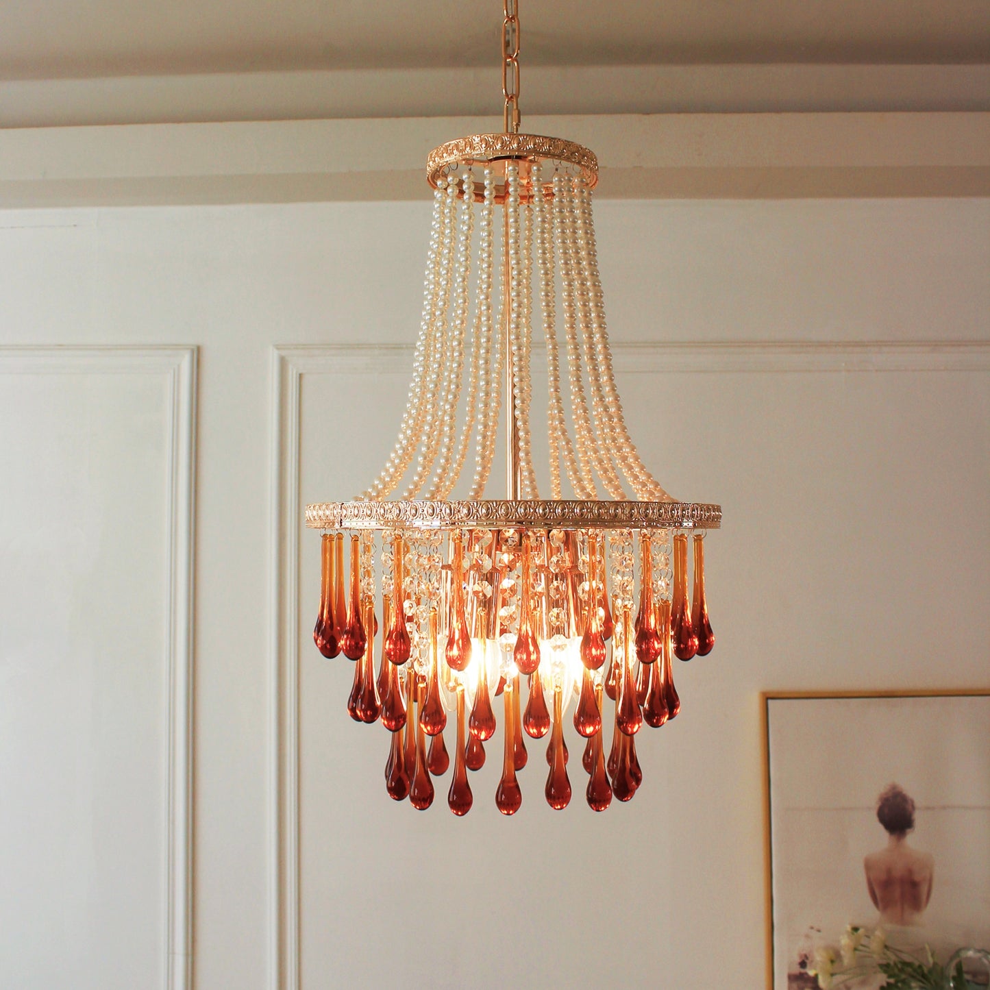 Amber Crystal Chandelier 6-Light 13.8" - Vintage Art Deco Dining Room Lighting French Gold