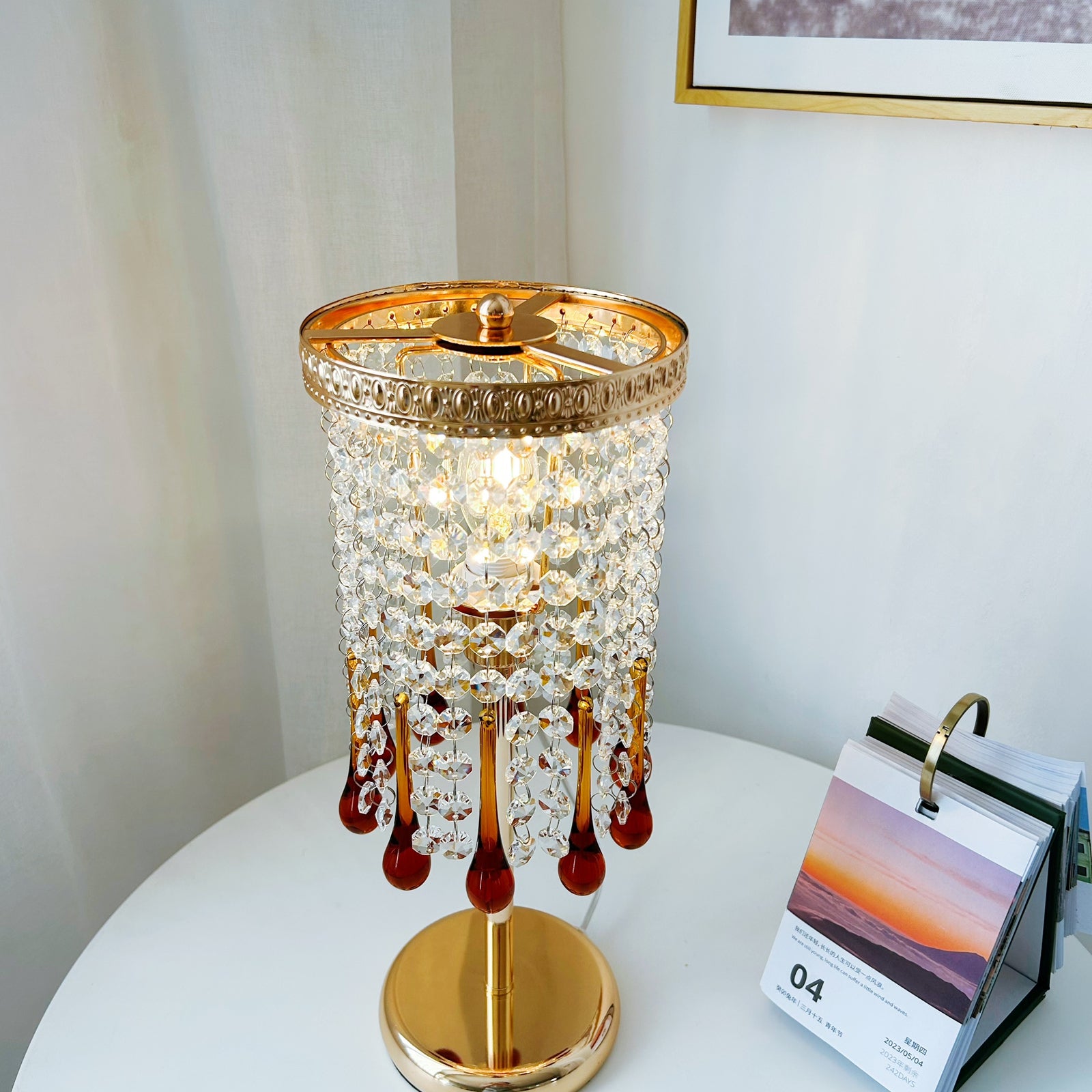Amber crystal table lamp vintage - Art Deco bedside light 15 inch French gold for bedroom nightstand
