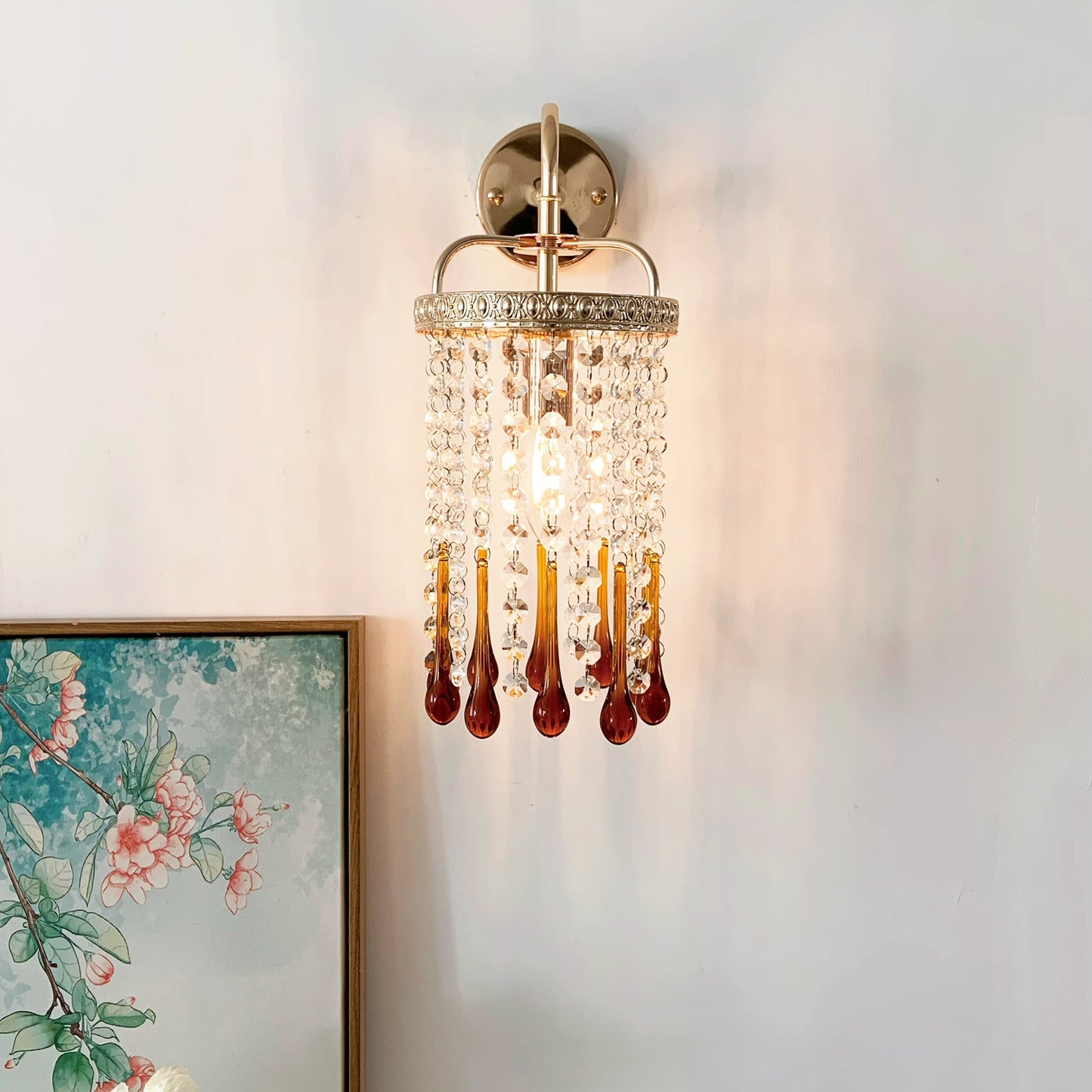Amber crystal wall sconce vintage - Art Deco wall light French gold 10.6 inch for bedroom bathroom