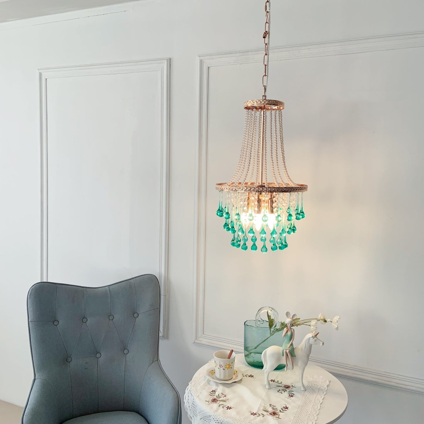 Aqua glass cascade ceiling light - coastal glam 6-light chandelier with French gold finish