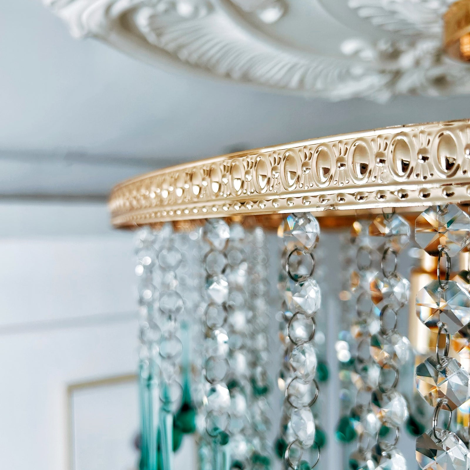 Aqua glass cascade chandelier oversized - 6-light turquoise statement lighting with French gold finish