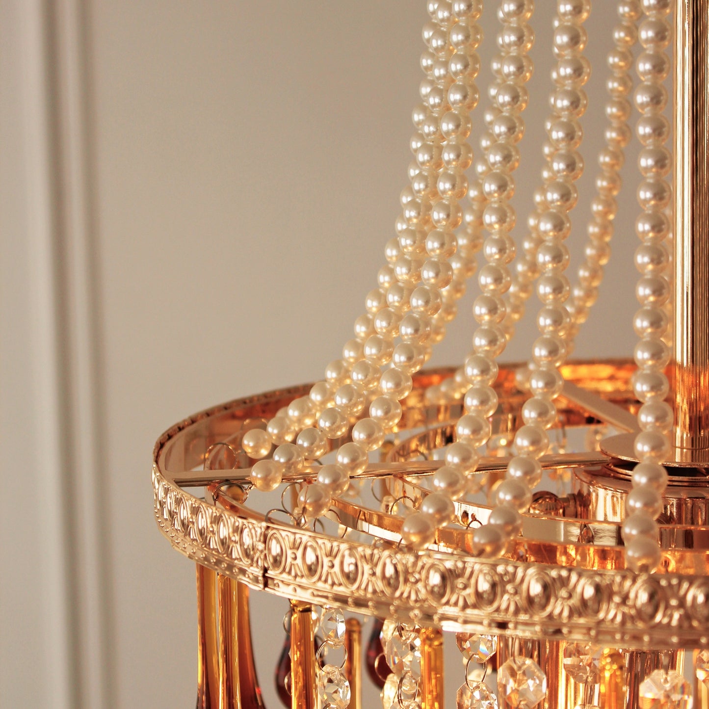 Amber Crystal Chandelier 6-Light 13.8" - Vintage Art Deco Dining Room Lighting French Gold