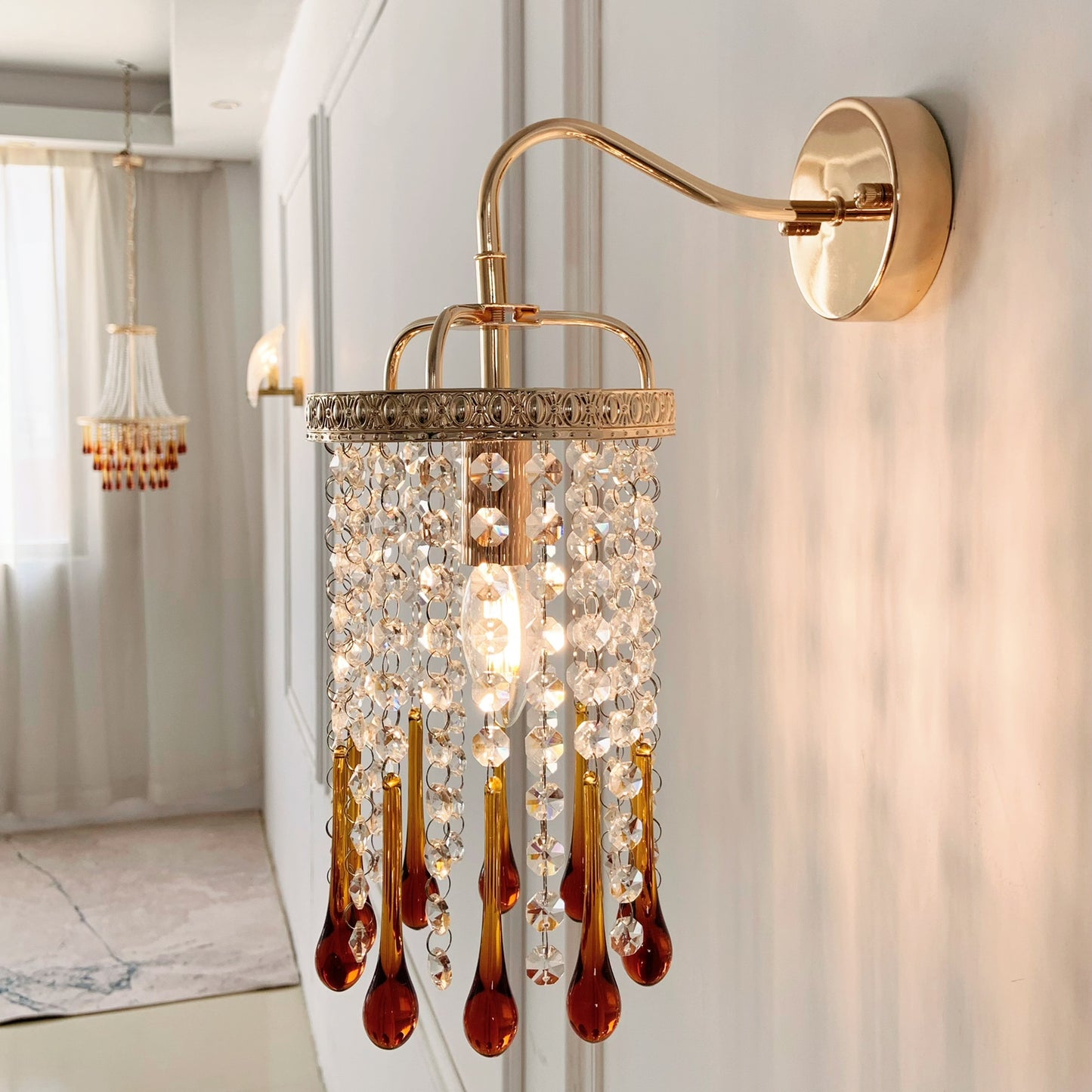 Art Deco amber wall sconce bedroom - handcrafted crystal wall light French gold for vanity