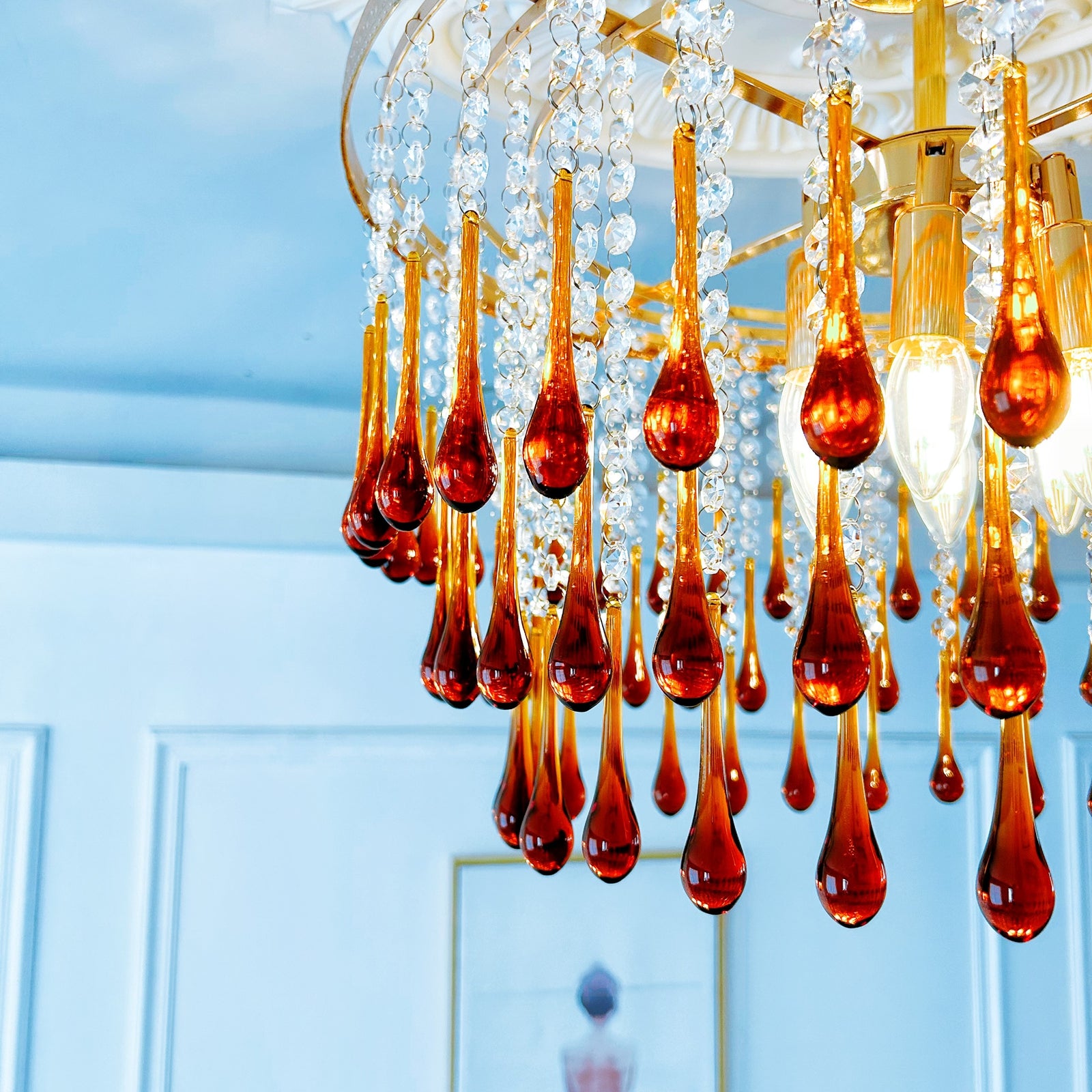 Art Deco large amber chandelier dining room - 6-light vintage crystal lighting for high ceilings
