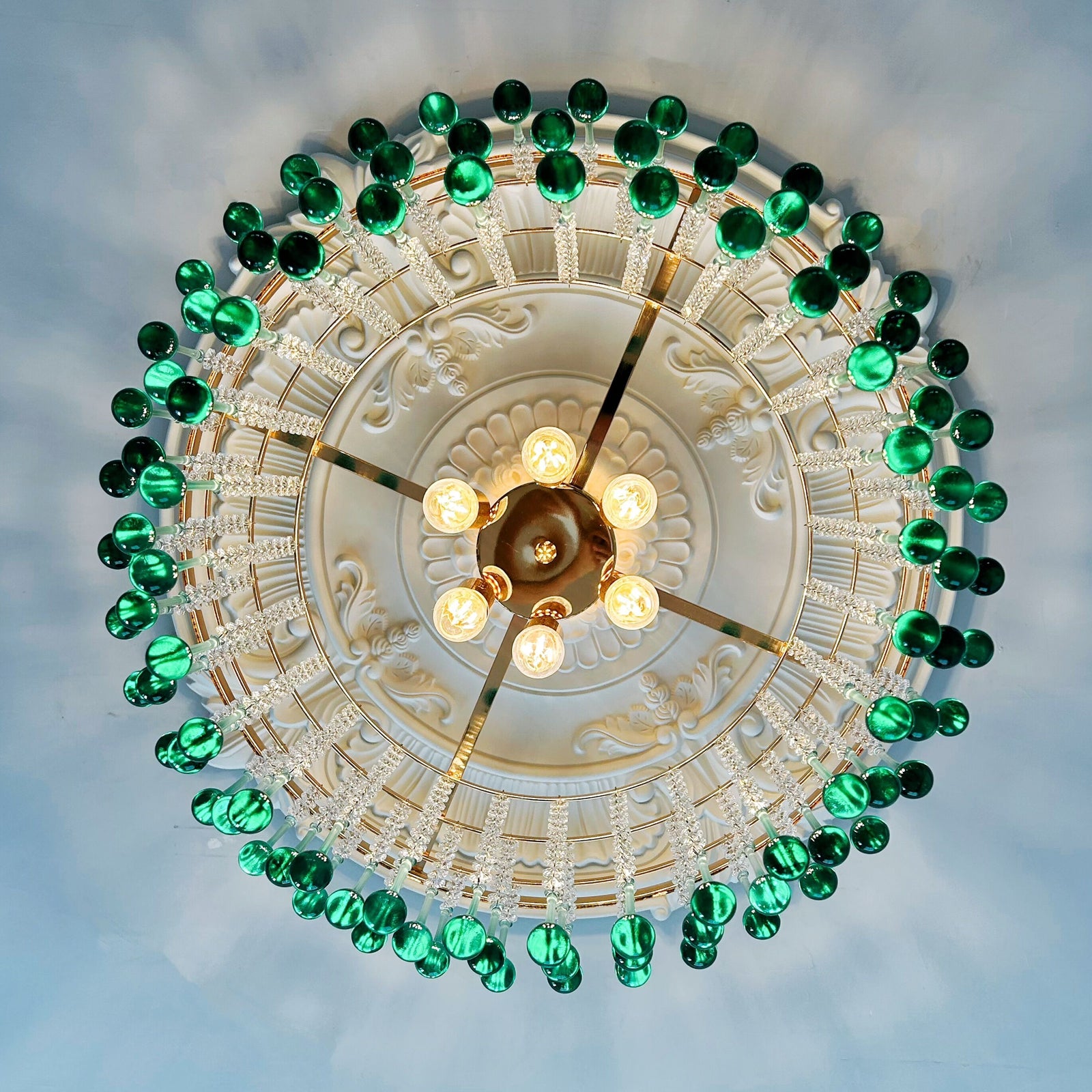 Artisan blown glass grand chandelier - 6-light turquoise coastal glam lighting for high ceilings
