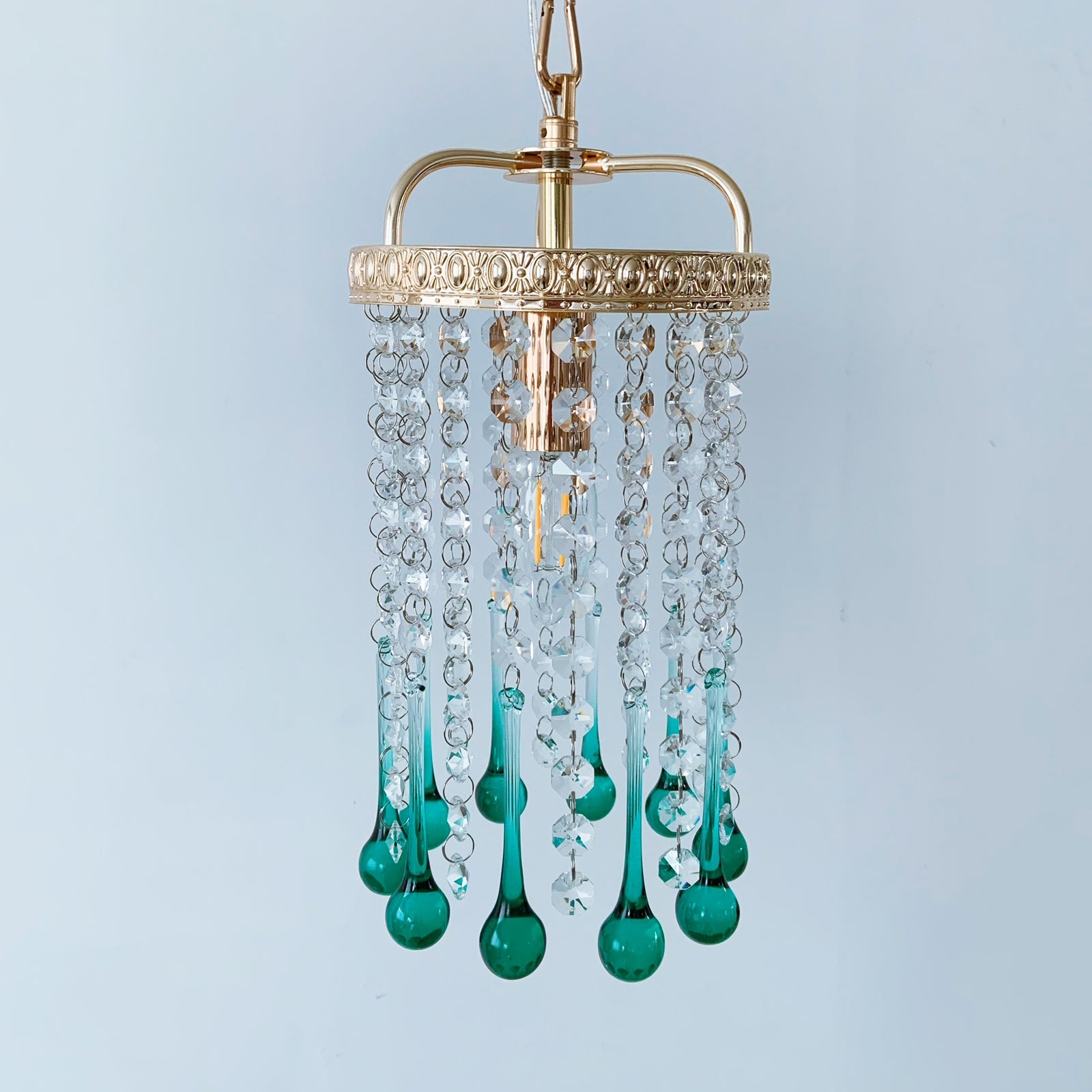 Beach house mini pendant lighting - handcrafted turquoise glass drop chandelier 5.9 inch