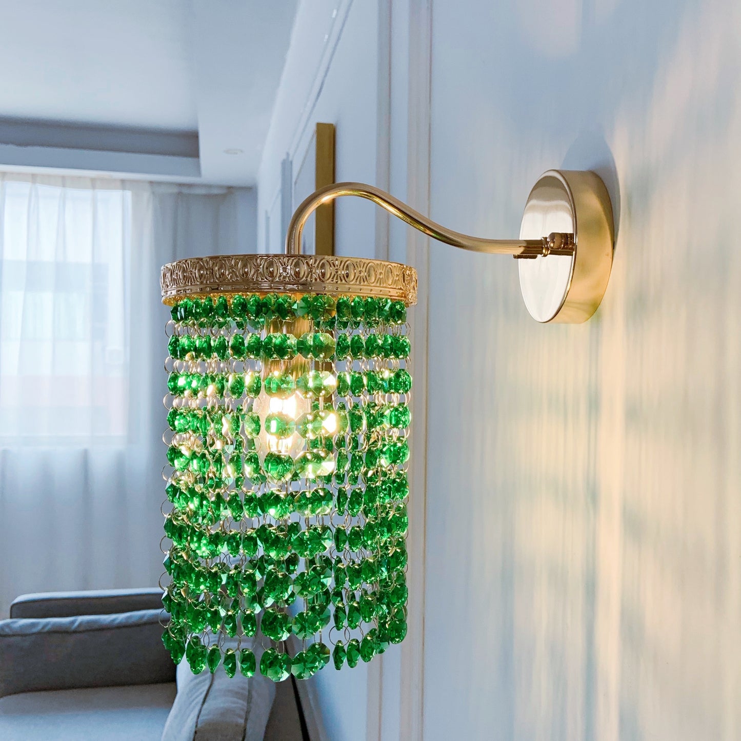 Green Crystal Wall Sconce Gold - Small Bathroom Vanity Light & Hallway Lighting