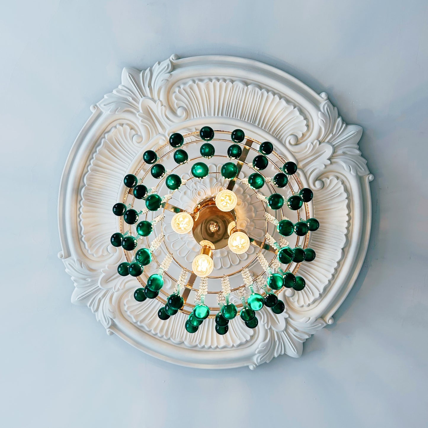 Bohemian glam dining chandelier - 4-light turquoise glass coastal lighting for small dining room