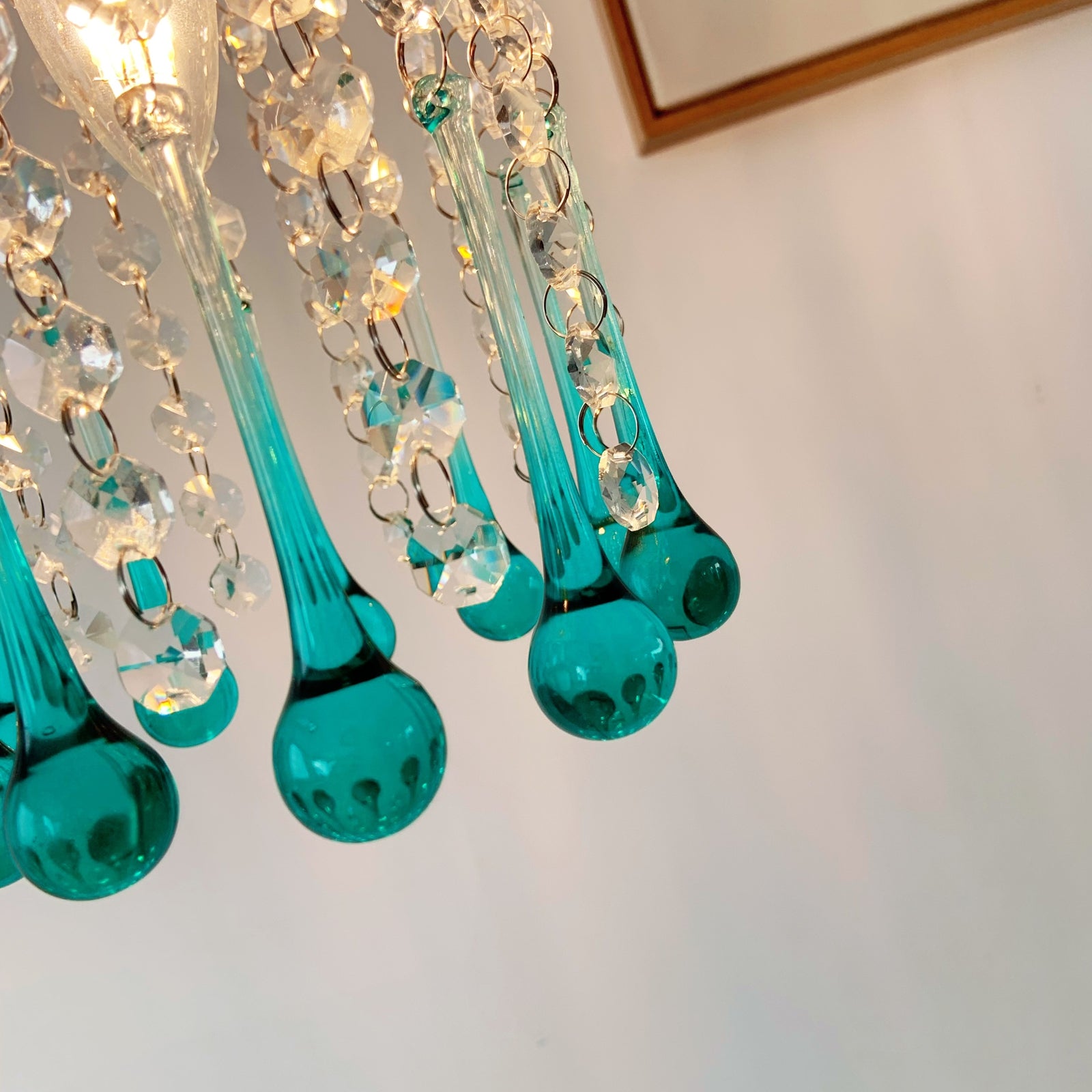 Bohemian glam wall mounted light - handcrafted turquoise glass sconce for bathroom vanity
