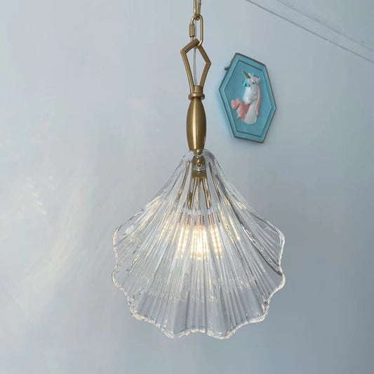 Clear glass shell pendant light with brass finish - handcrafted coastal chandelier front view