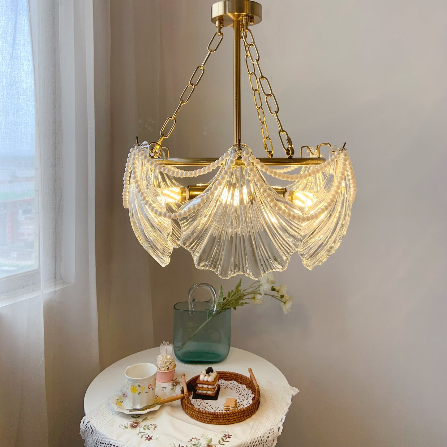 Shell Chandelier 5-Light with Pearl Beads - Coastal Brass Fixture