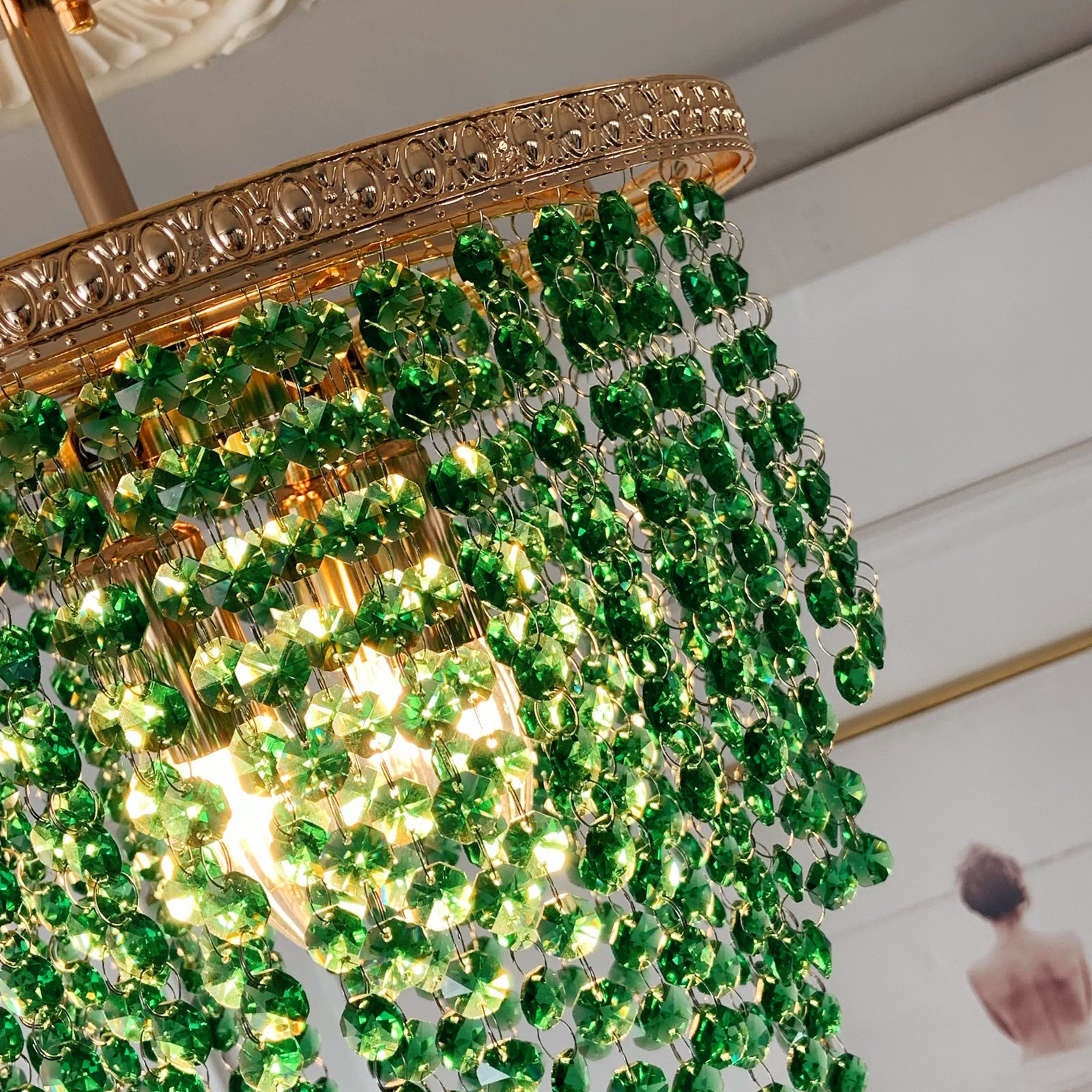 Green crystal chandelier with gold frame 