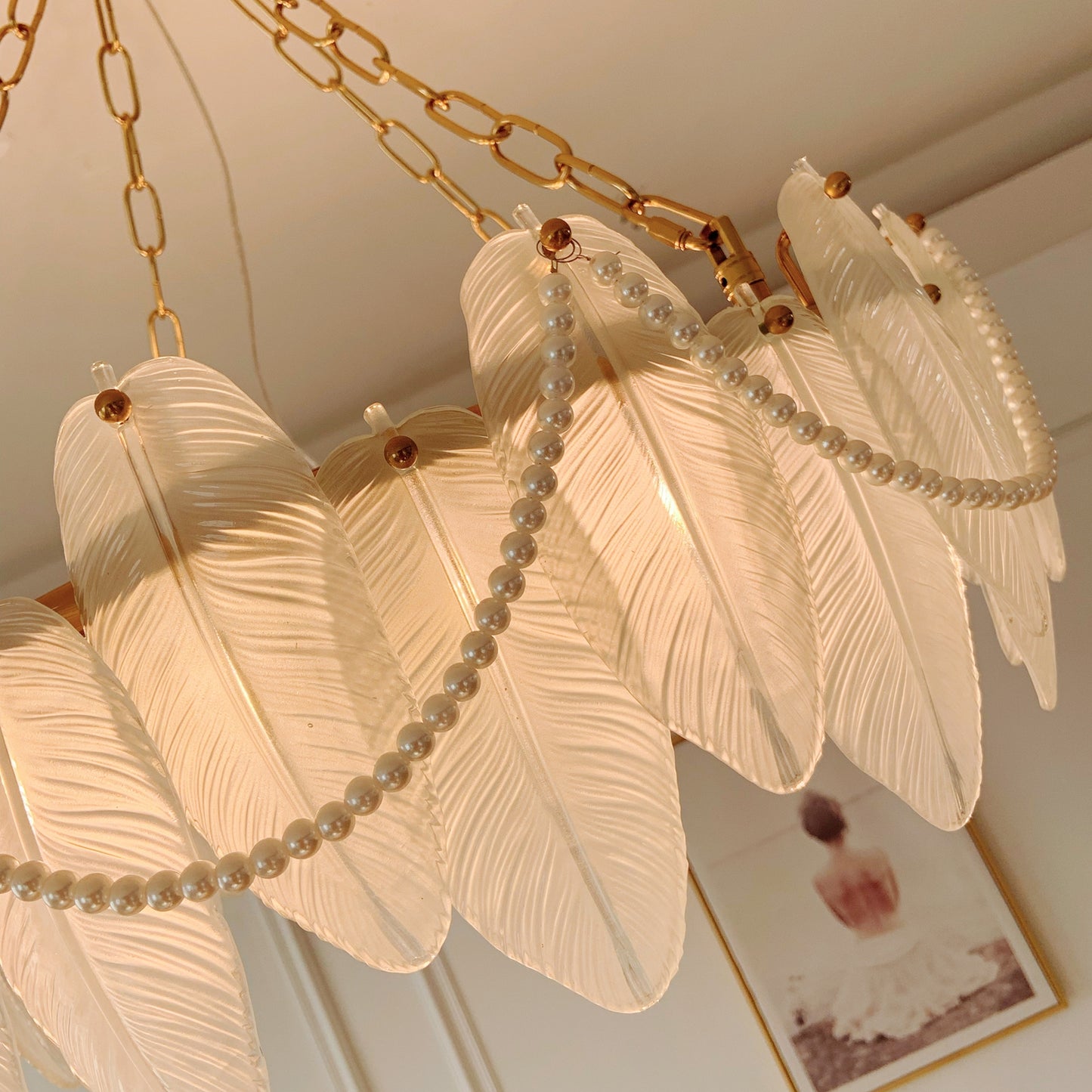 Glass Feather Chandelier 8-Light - Coastal Luxury Pendant with Pearl Swags & Brass Finish