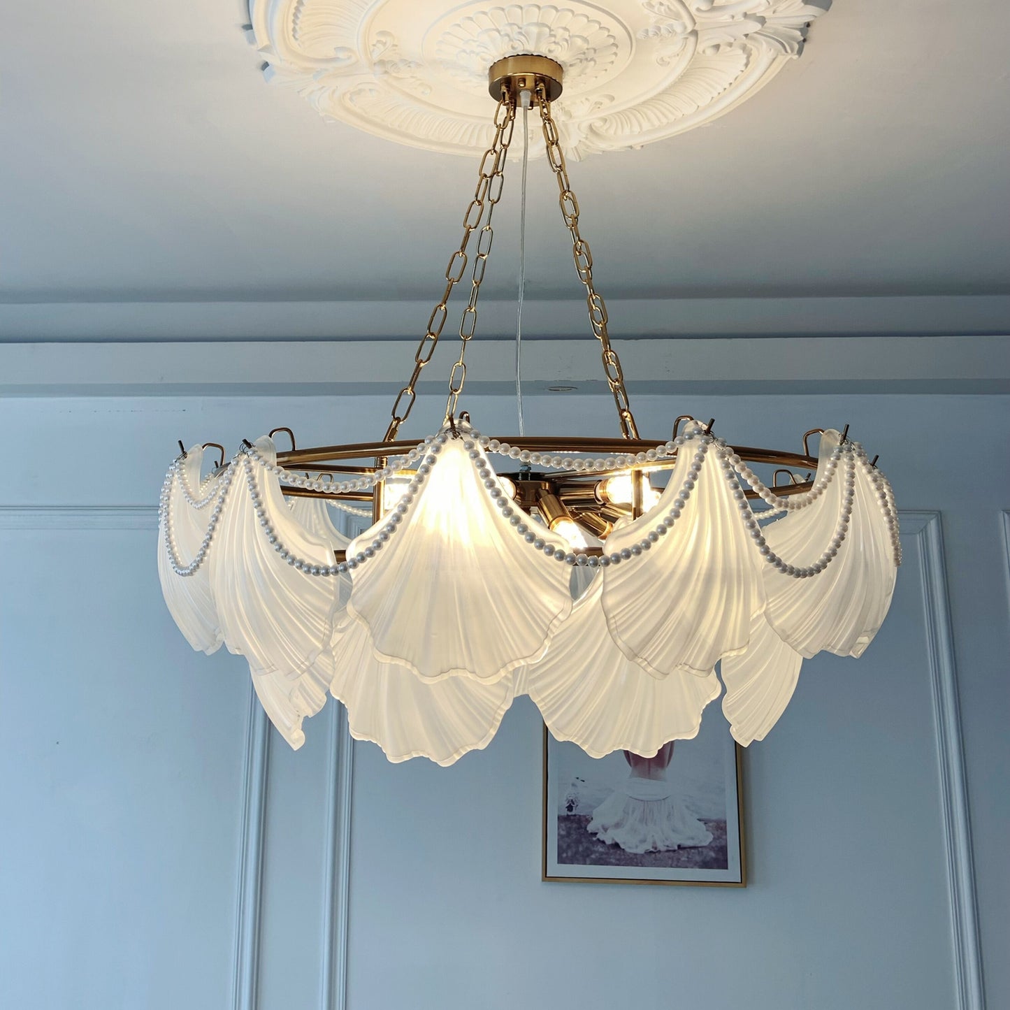 Frosted Shell Chandelier 12-Light - Grand Coastal Brass Statement Fixture