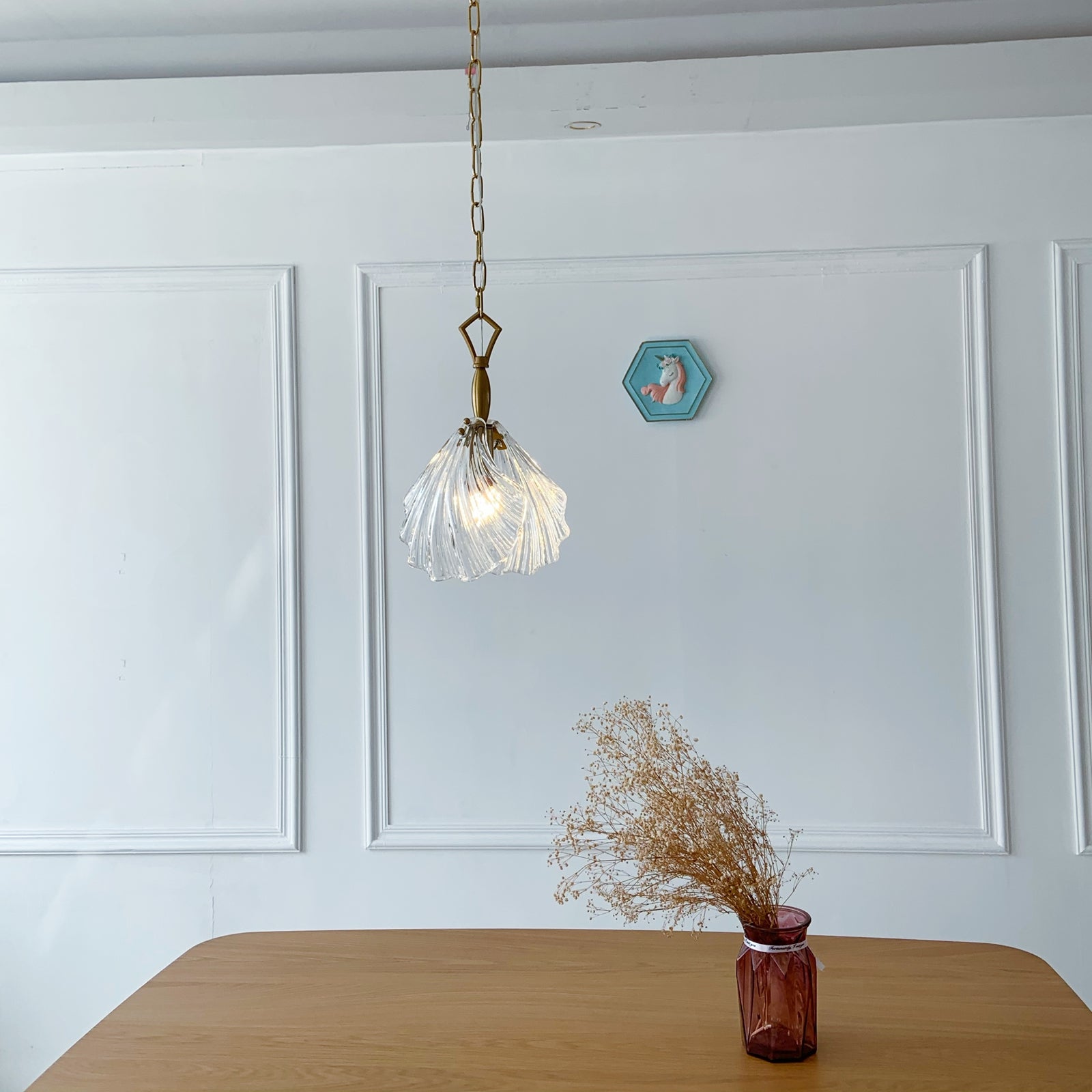 Coastal shell chandelier with transparent glass shade 