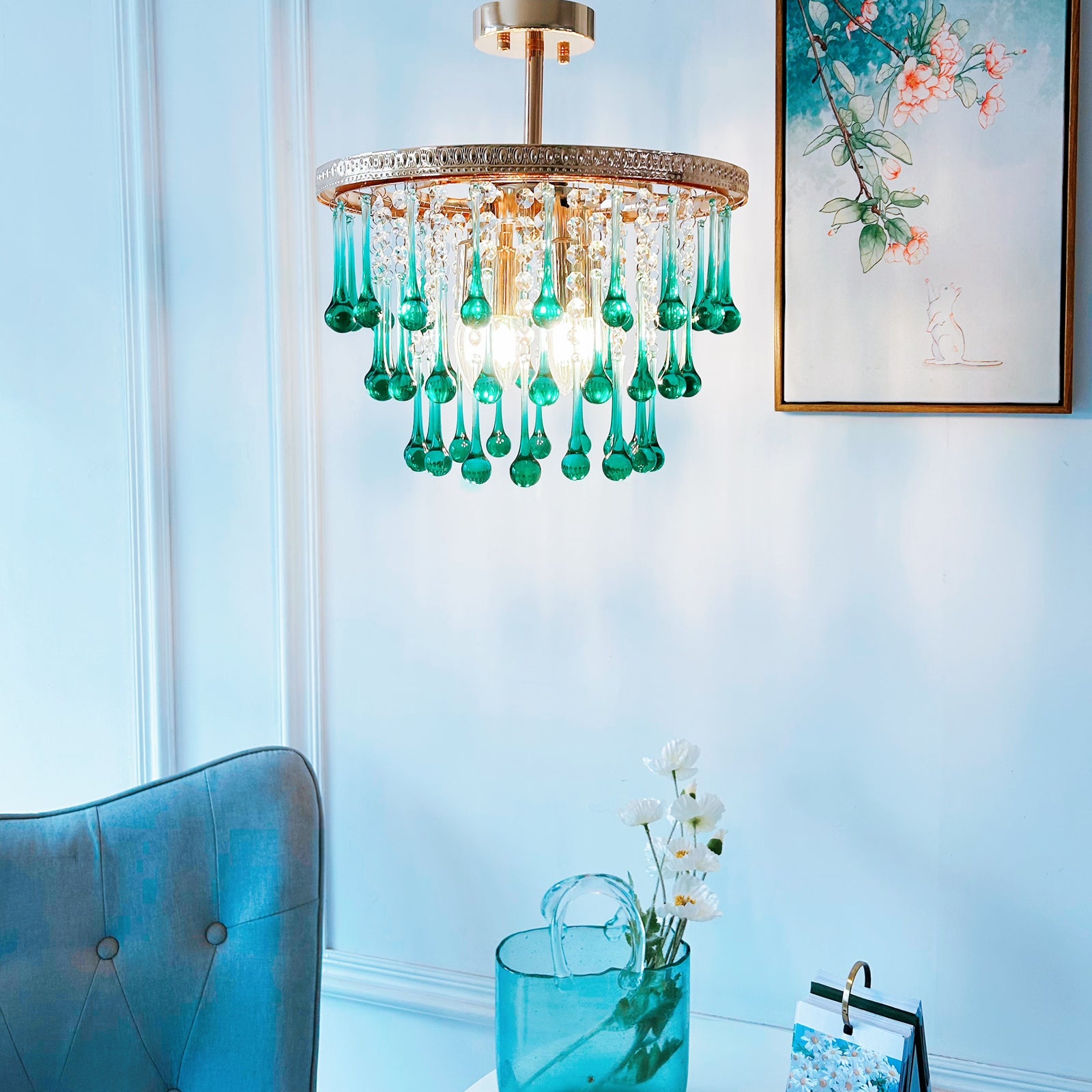 Coastal glass chandelier medium size - 4-light turquoise waterfall chandelier with French gold finish