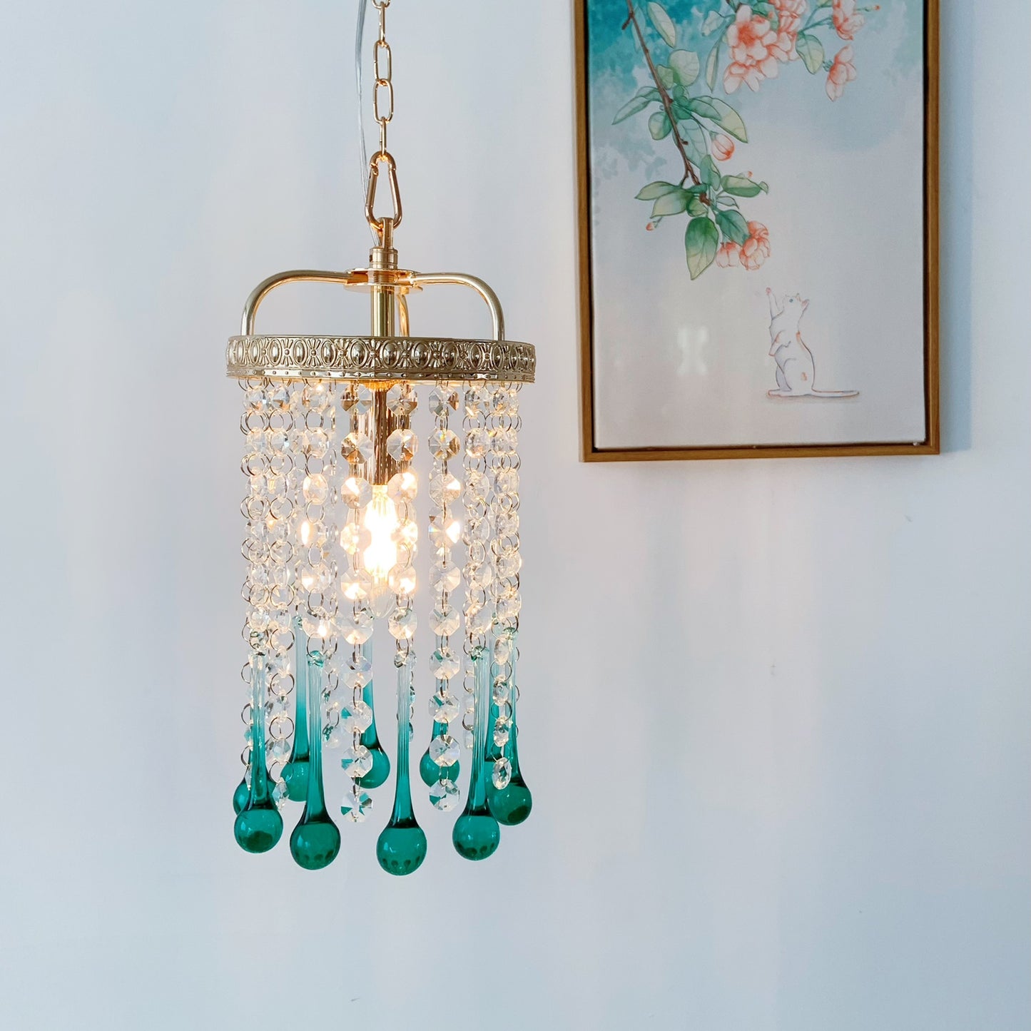 Coastal glass drop pendant light with turquoise waterfall design - small 5.9 inch handcrafted chandelier