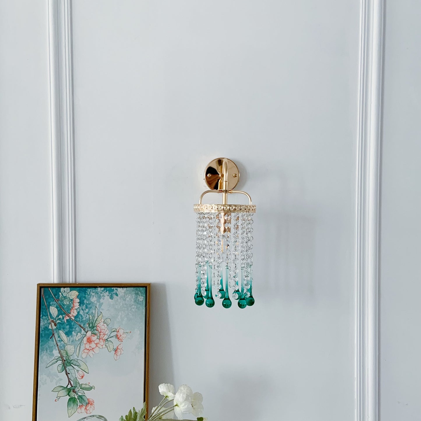 Coastal glass wall sconce lighting with turquoise waterfall design - 10.6 inch handcrafted bohemian wall light