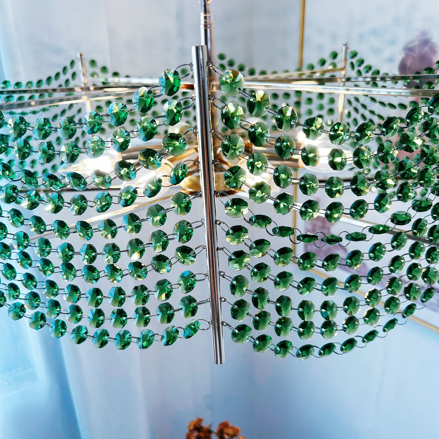Green Crystal Chandelier 8-Light Gold 24" - Modern Coastal Pendant for Dining Room & Living Room