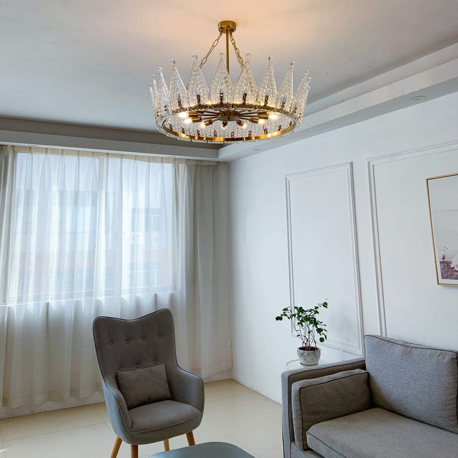 Custom Crown Chandelier 12-Light for High Ceiling - Private Mold Brass Glass 33 inch Grand Foyer