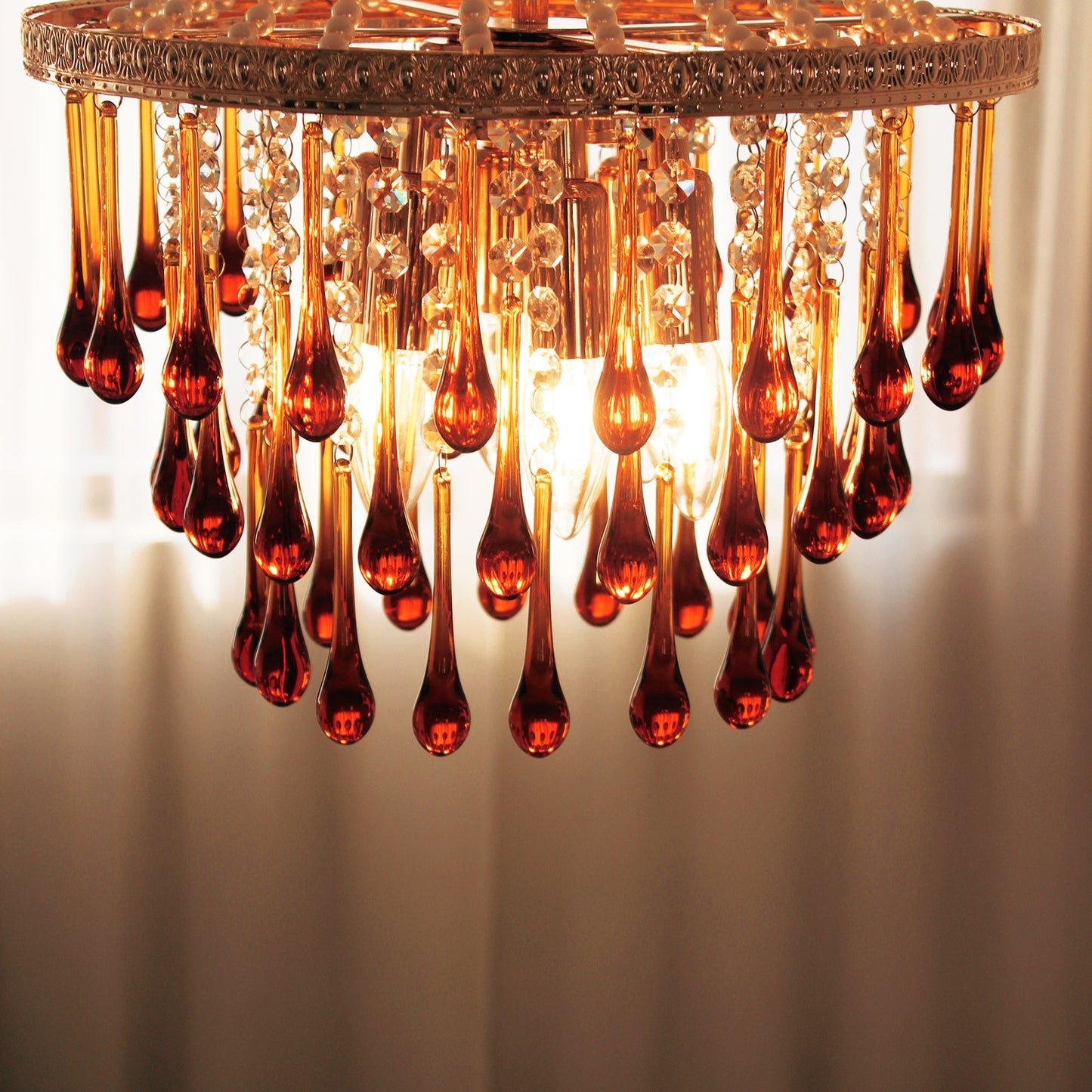 Amber Crystal Chandelier 6-Light 13.8" - Vintage Art Deco Dining Room Lighting French Gold