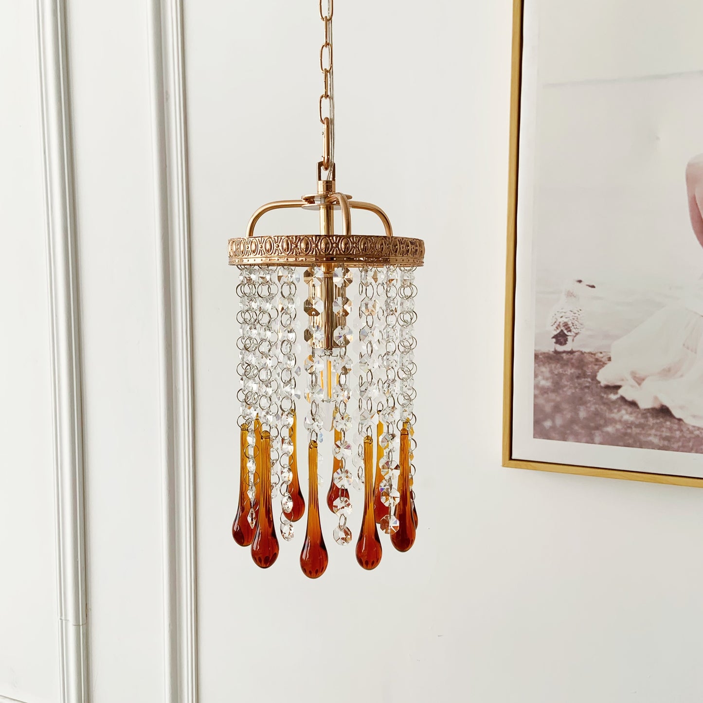 French gold crystal drop pendant small - handcrafted amber glass mini chandelier 5.9 inch for bathroom