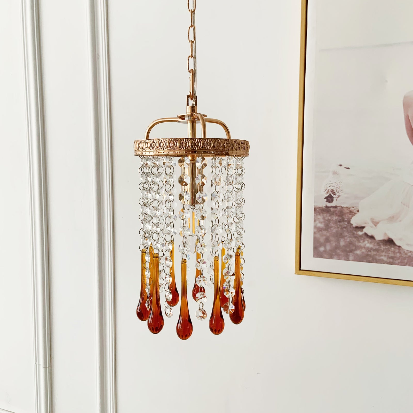 French gold crystal drop pendant small - handcrafted amber glass mini chandelier 5.9 inch for bathroom