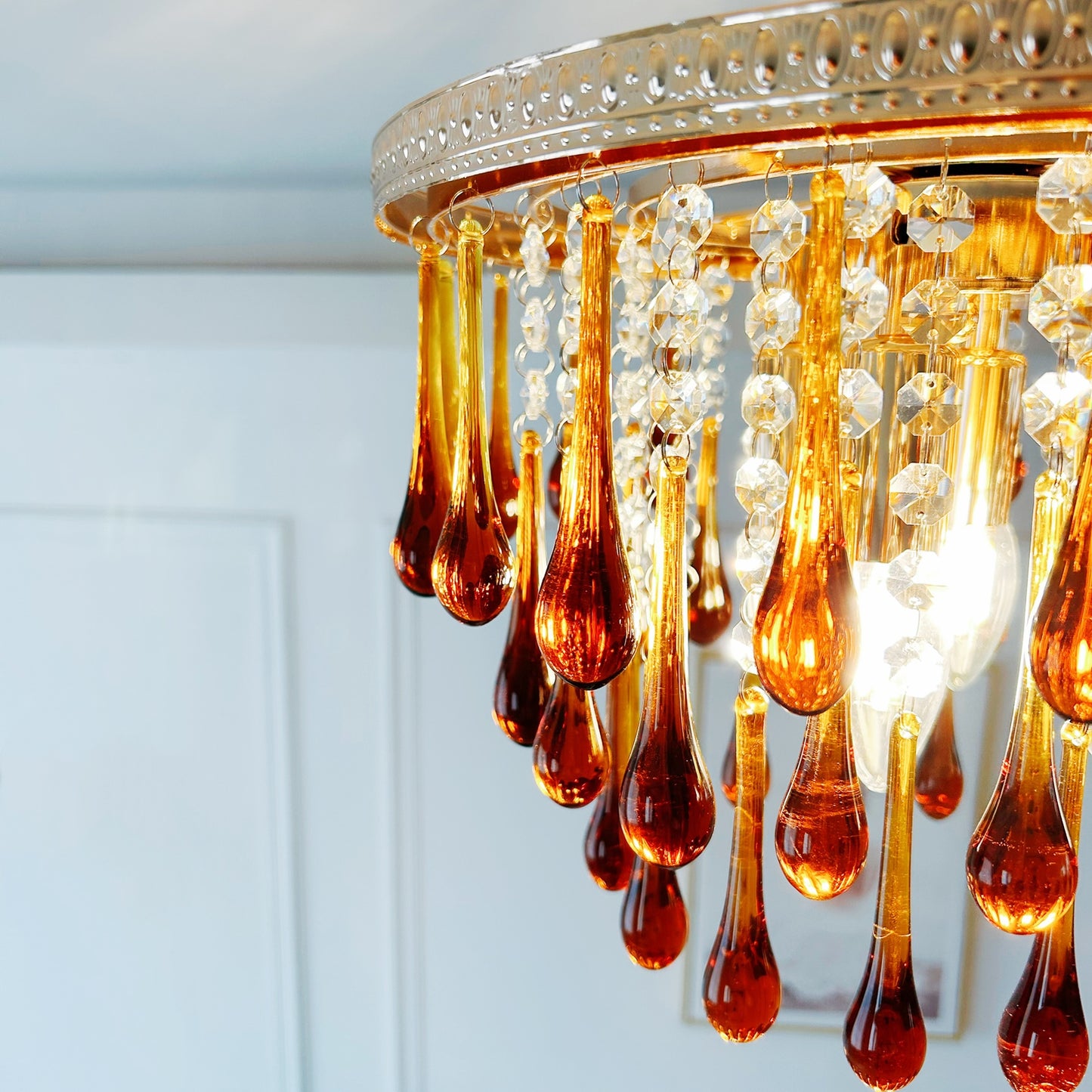 French gold crystal pendant 14 inch - 4-light amber chandelier for low ceiling bedroom