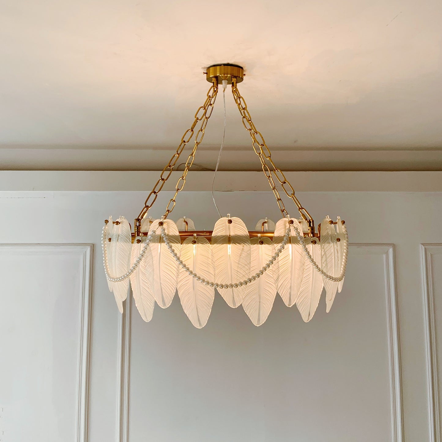 Glass Feather Chandelier 8-Light - Coastal Luxury Pendant with Pearl Swags & Brass Finish