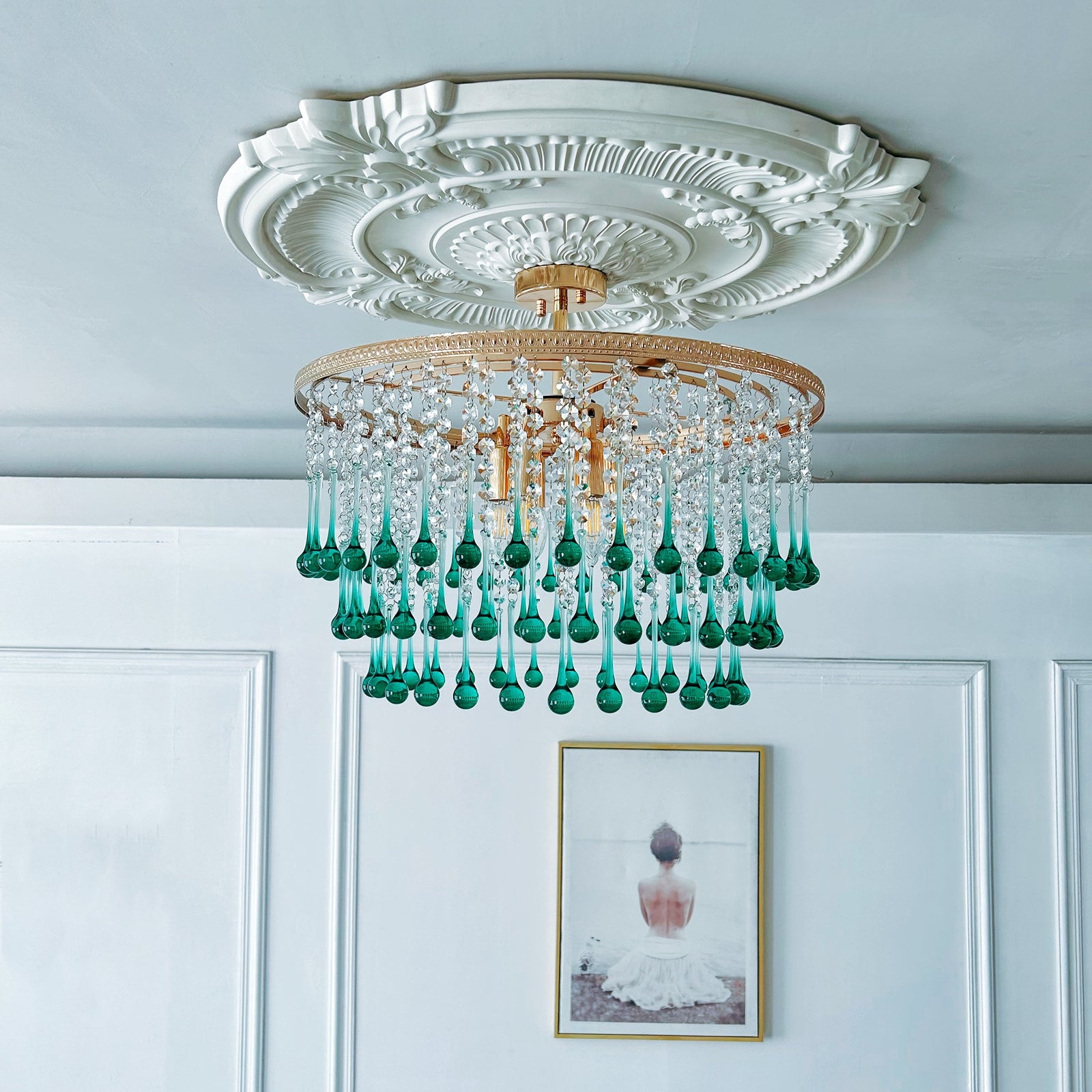 Glam coastal entryway statement light - 6-light turquoise glass chandelier 21.6 inch for grand foyer