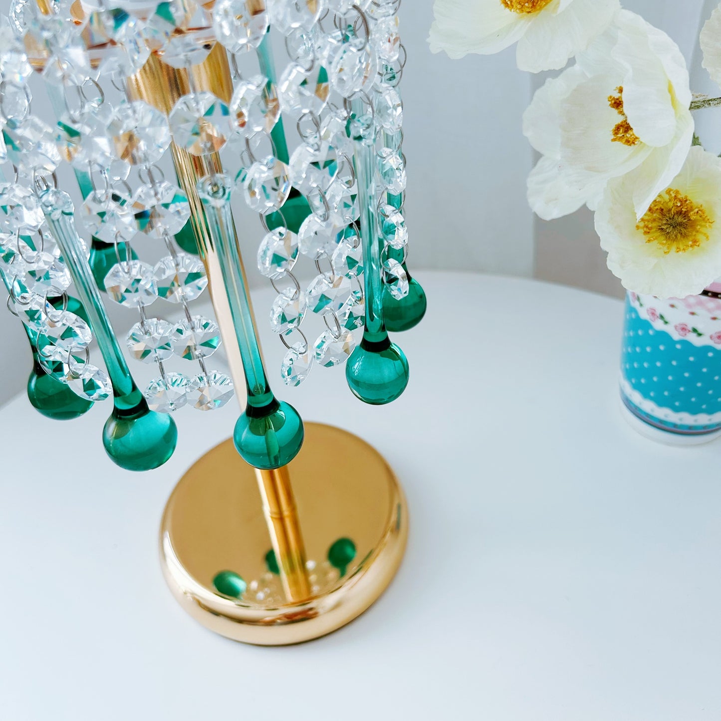 Turquoise Glass Table Lamp - Coastal Glam Bedside Light 15" - Handcrafted Bohemian Accent Lamp