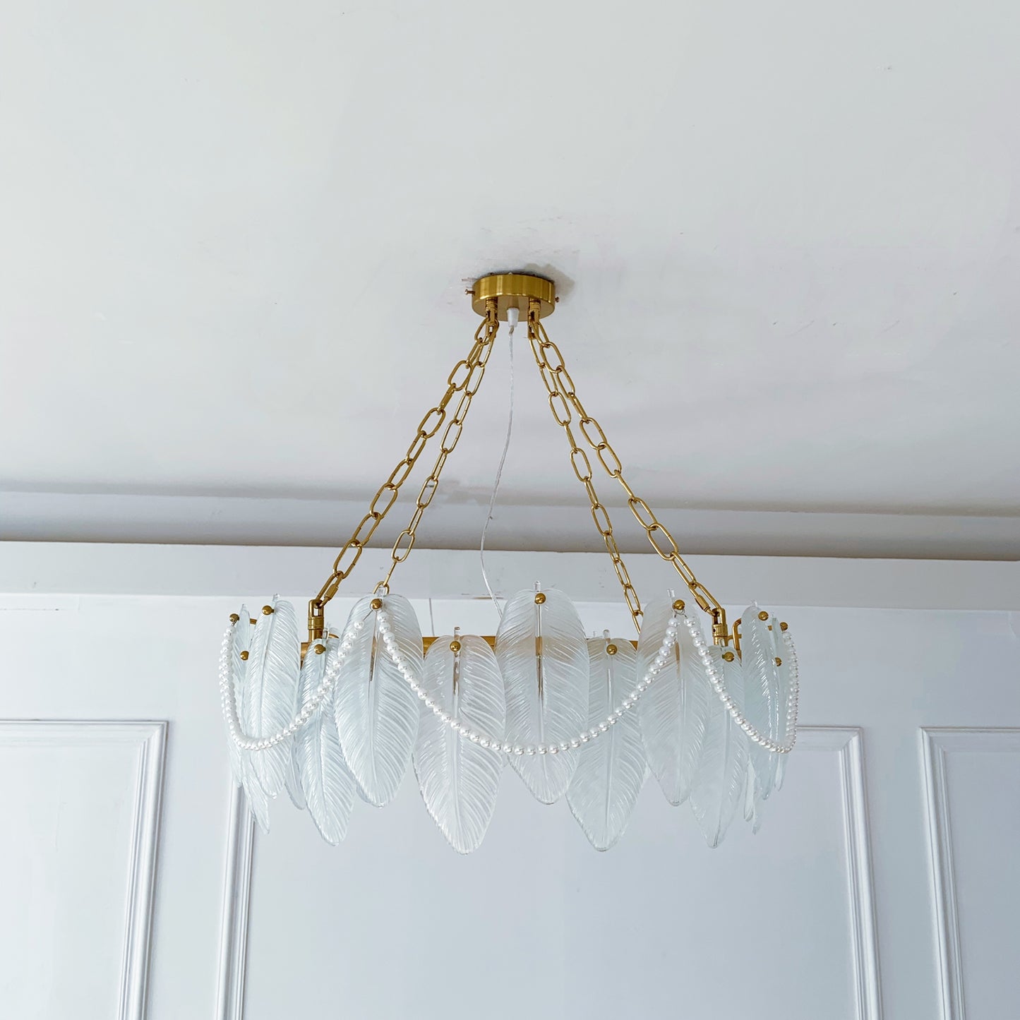 Glass Feather Chandelier 8-Light - Coastal Luxury Pendant with Pearl Swags & Brass Finish