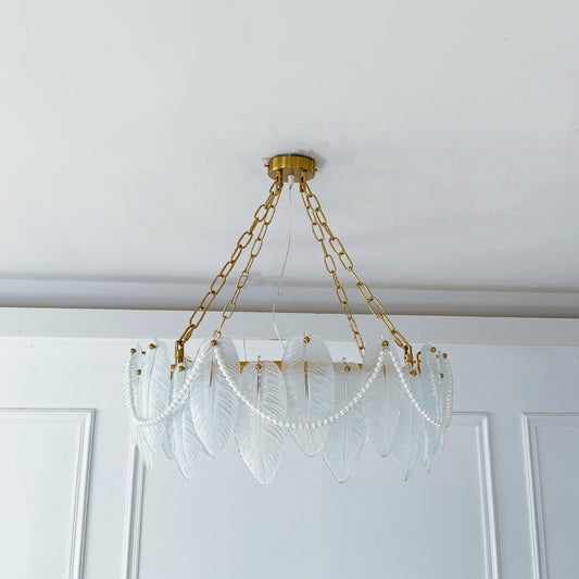 Glass Feather Chandelier 8-Light - Coastal Luxury Pendant with Pearl Swags & Brass Finish