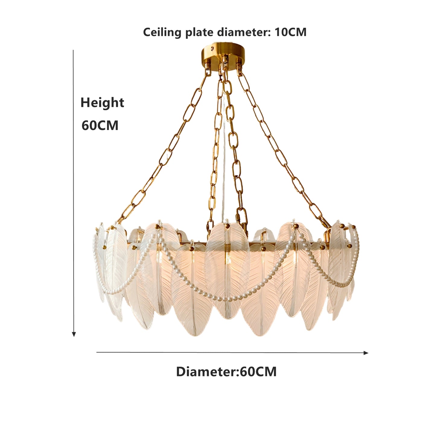 Glass Feather Chandelier 8-Light - Coastal Luxury Pendant with Pearl Swags & Brass Finish