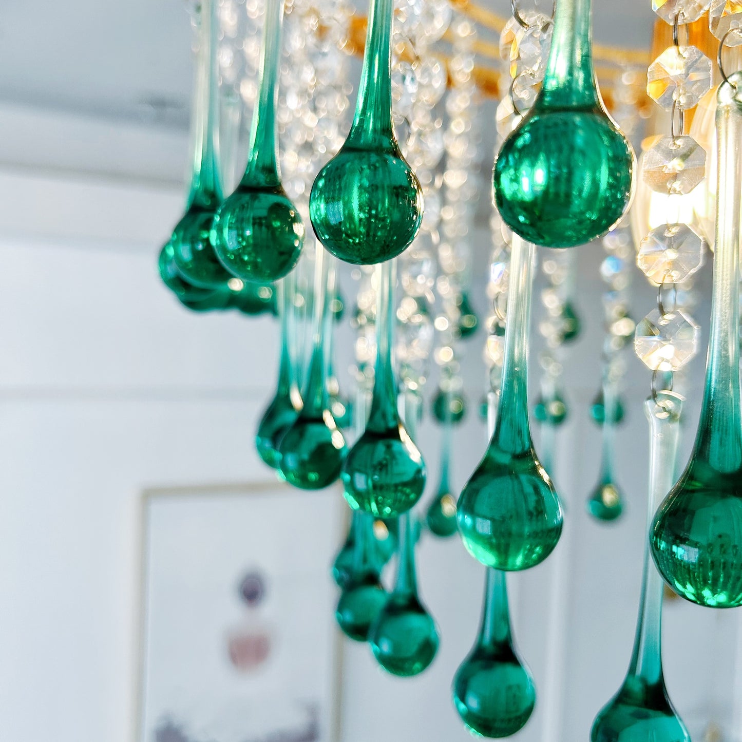 Grand beach house chandelier - 6-light turquoise glass coastal luxury lighting for large dining room