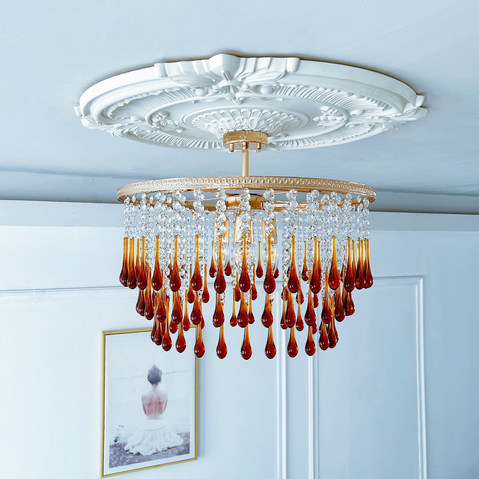 Grand iron crystal chandelier 22 inch - 6-light vintage amber glass statement lighting French gold
