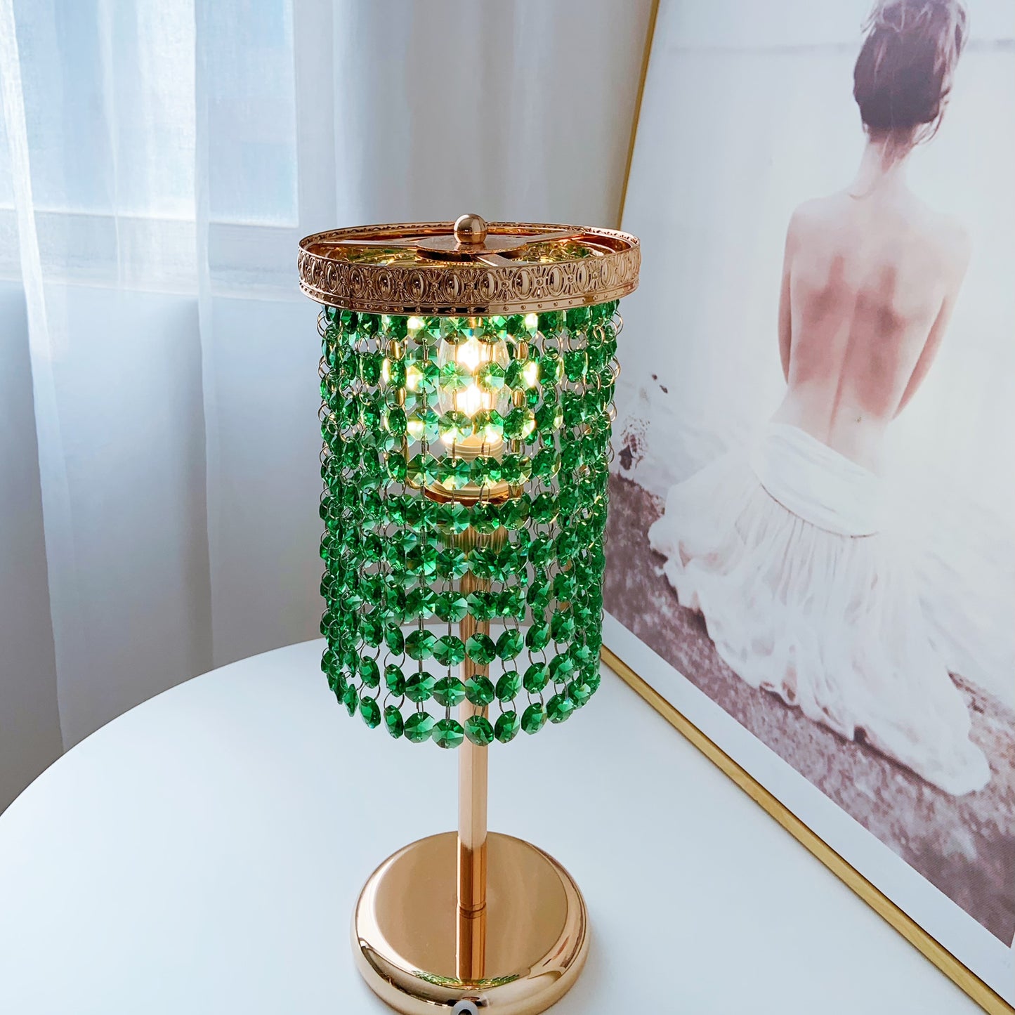Decorative table lamp with green beaded shade