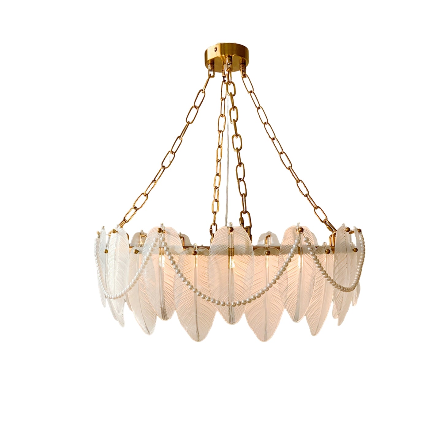 Glass Feather Chandelier 8-Light - Coastal Luxury Pendant with Pearl Swags & Brass Finish