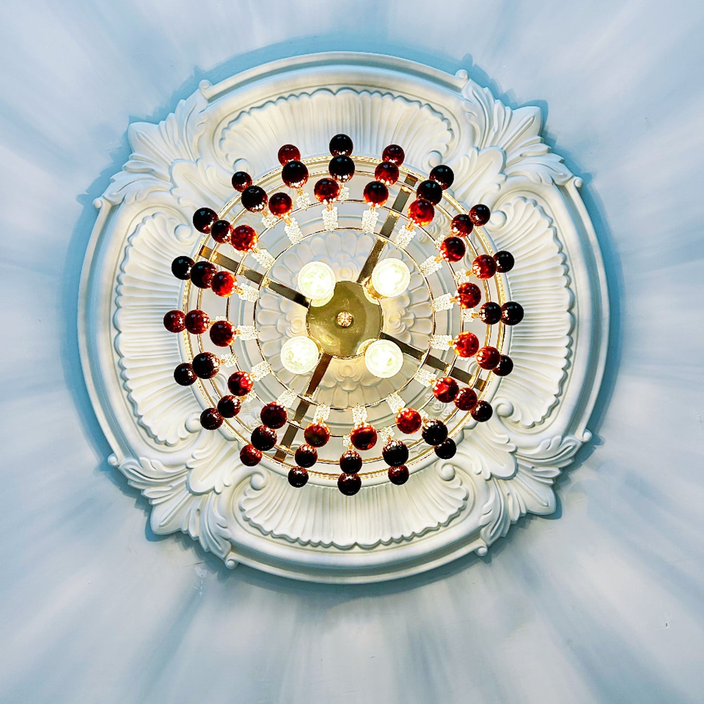 Handcrafted crystal drop light fixture - vintage amber glass chandelier 4-light compact