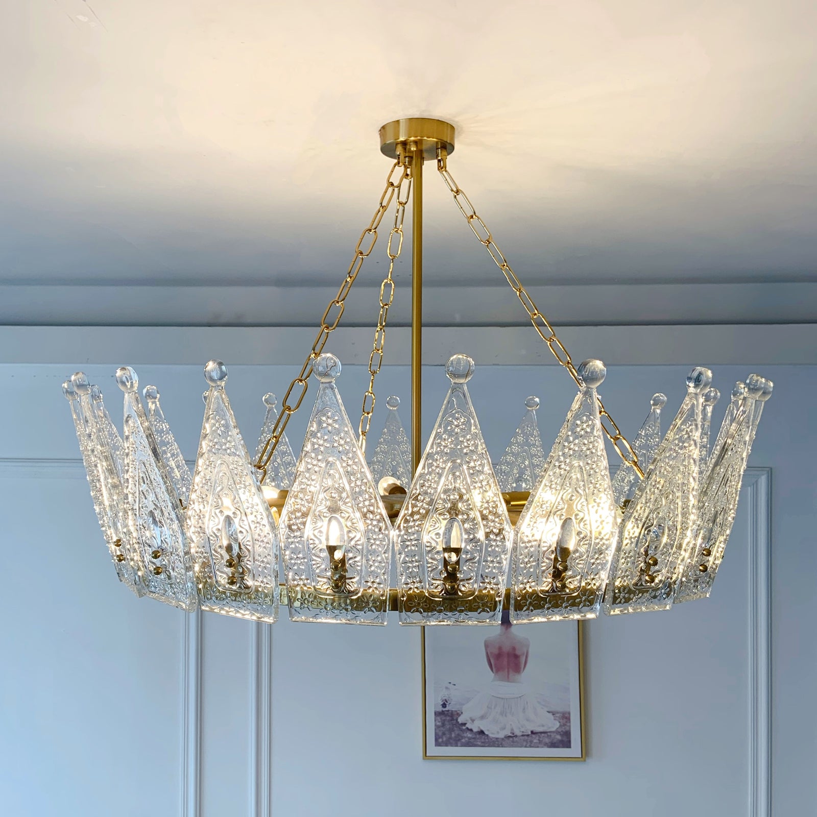 Handmade Luxury Crown Brass Chandelier 12-Light - Private Mold Gold Pendant Modern Interior Detail View
