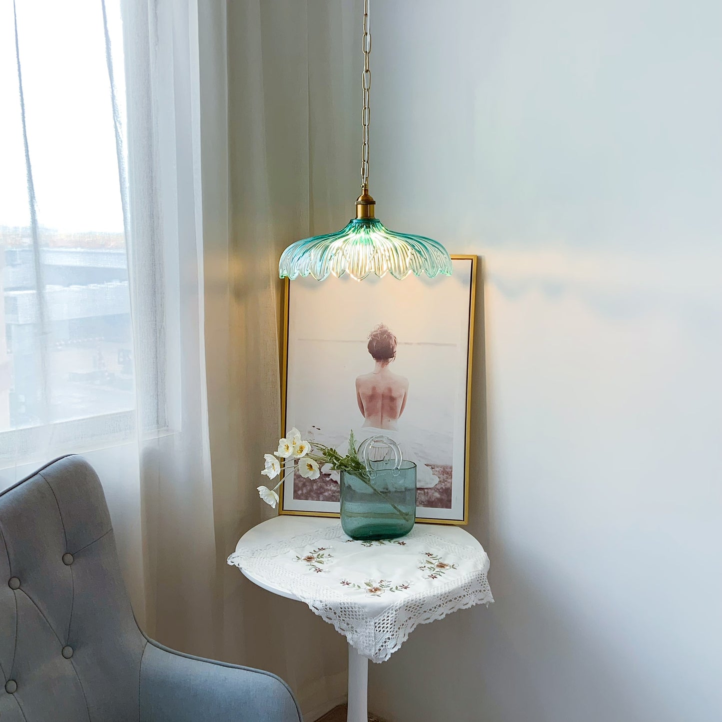 Turquoise Glass Pendant Light - Free Shipping | Luxury Brass Coastal Chandelier with Emerald Ombre Shade