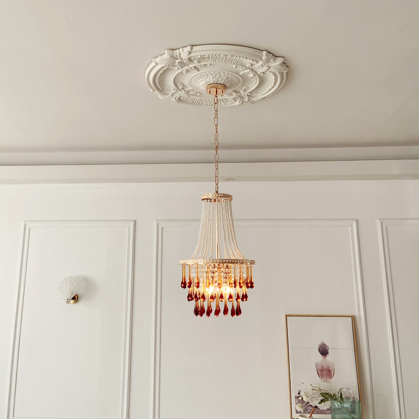 Amber Crystal Chandelier 6-Light 13.8" - Vintage Art Deco Dining Room Lighting French Gold