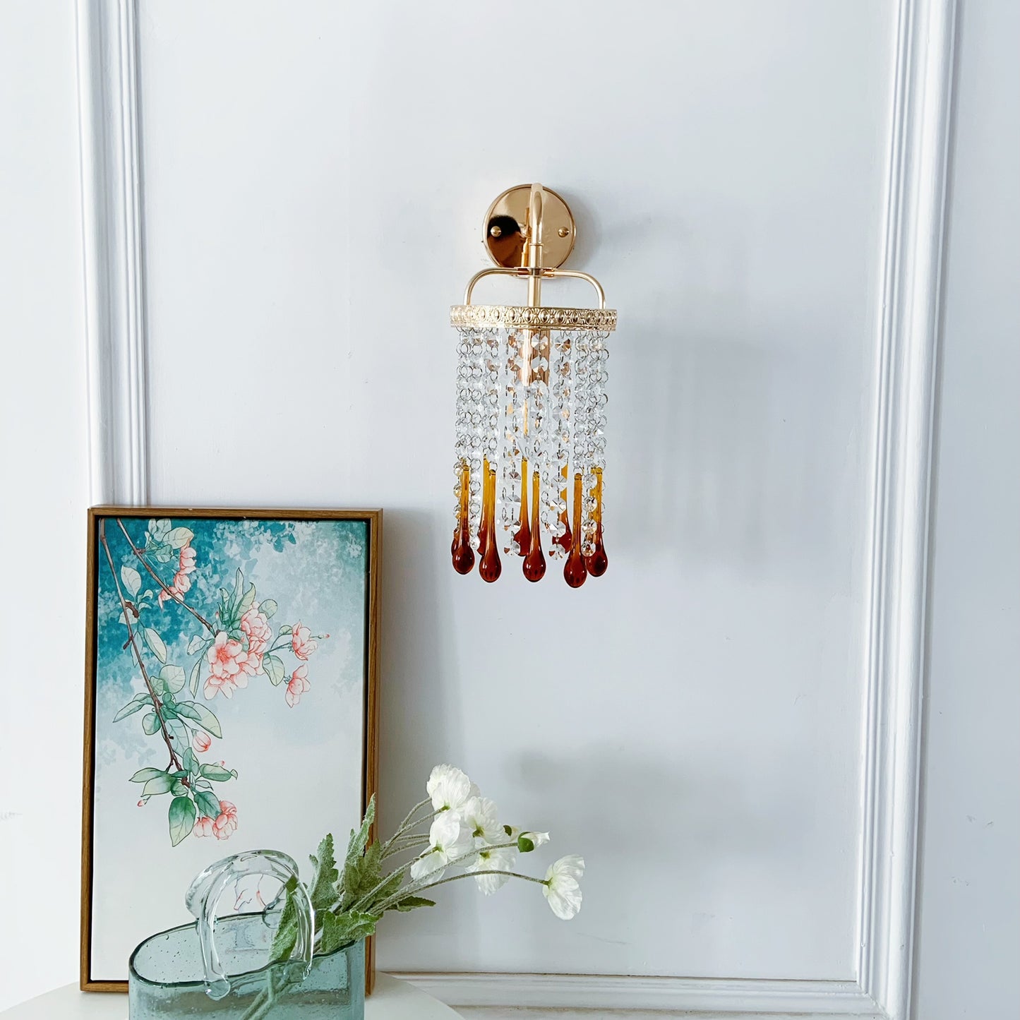 Iron and crystal wall light luxury - vintage amber glass wall sconce with French gold finish