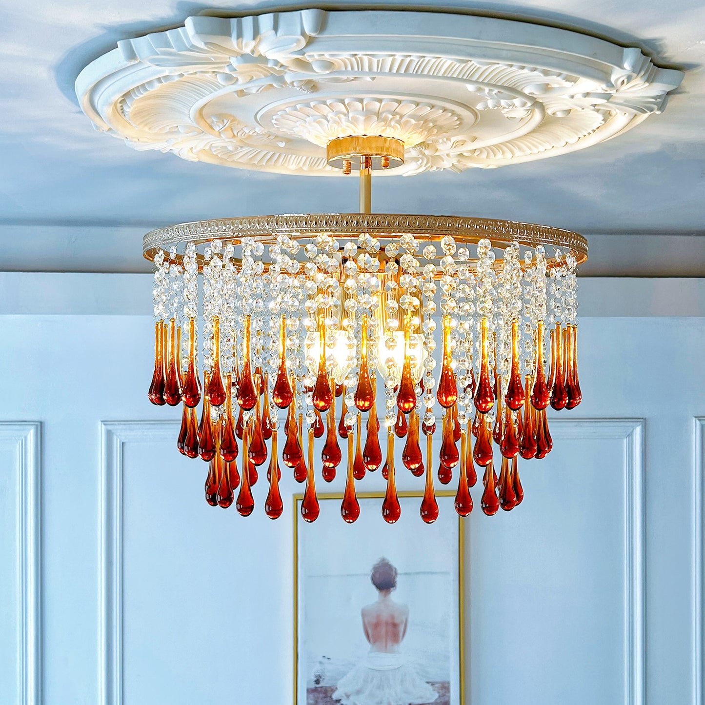Large amber crystal chandelier 6-light - vintage Art Deco grand foyer lighting 21.6 inch French gold